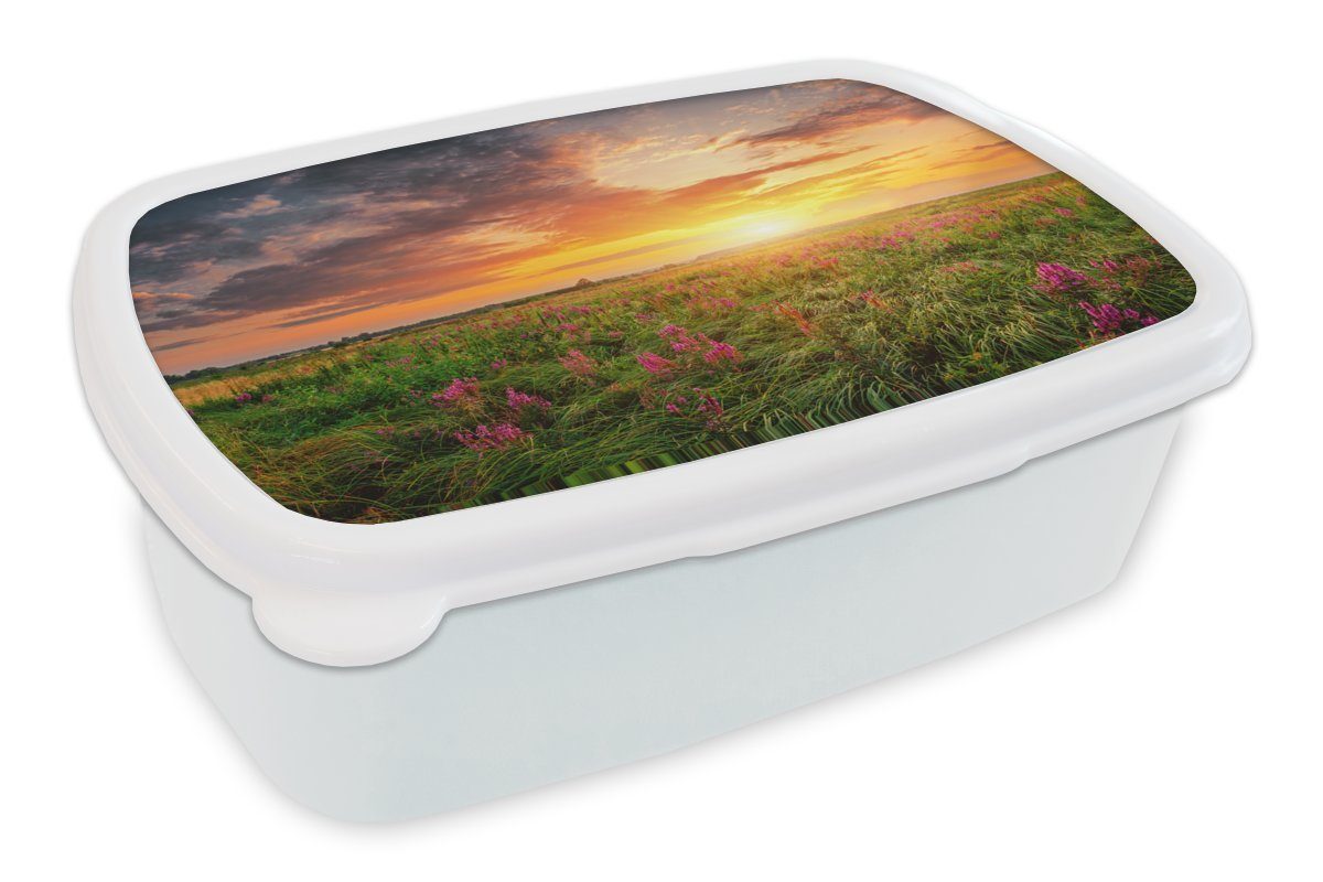 MuchoWow Lunchbox Blumen - Sonnenuntergang - Frühling, Kunststoff, (2-tlg), Brotbox für Kinder und Erwachsene, Brotdose, für Jungs und Mädchen weiß | Lunchboxen