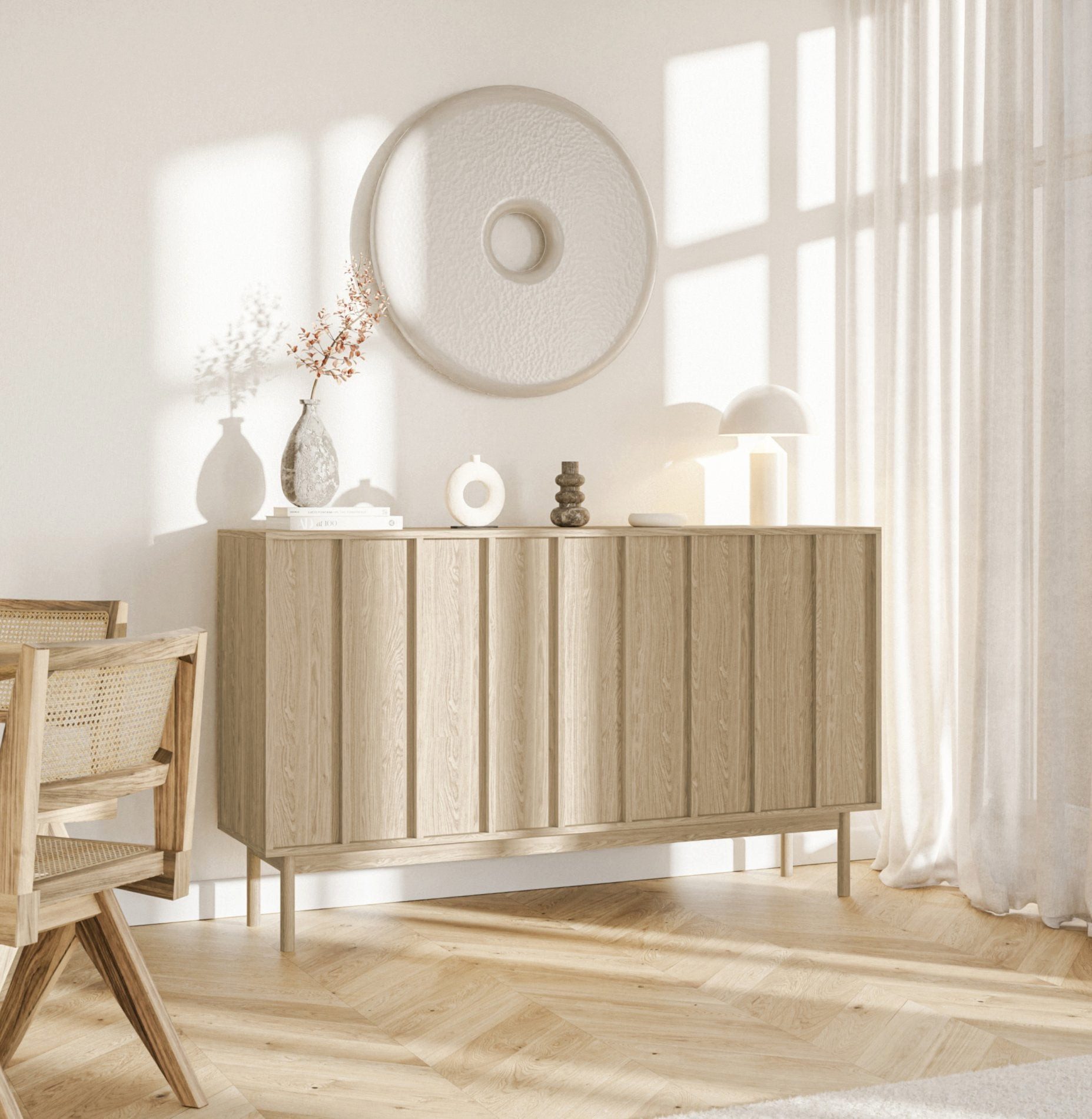Selsey Sideboard NEKSTO, 3-türig mit 4 Fächern, Eichenholzoptik, 100 cm