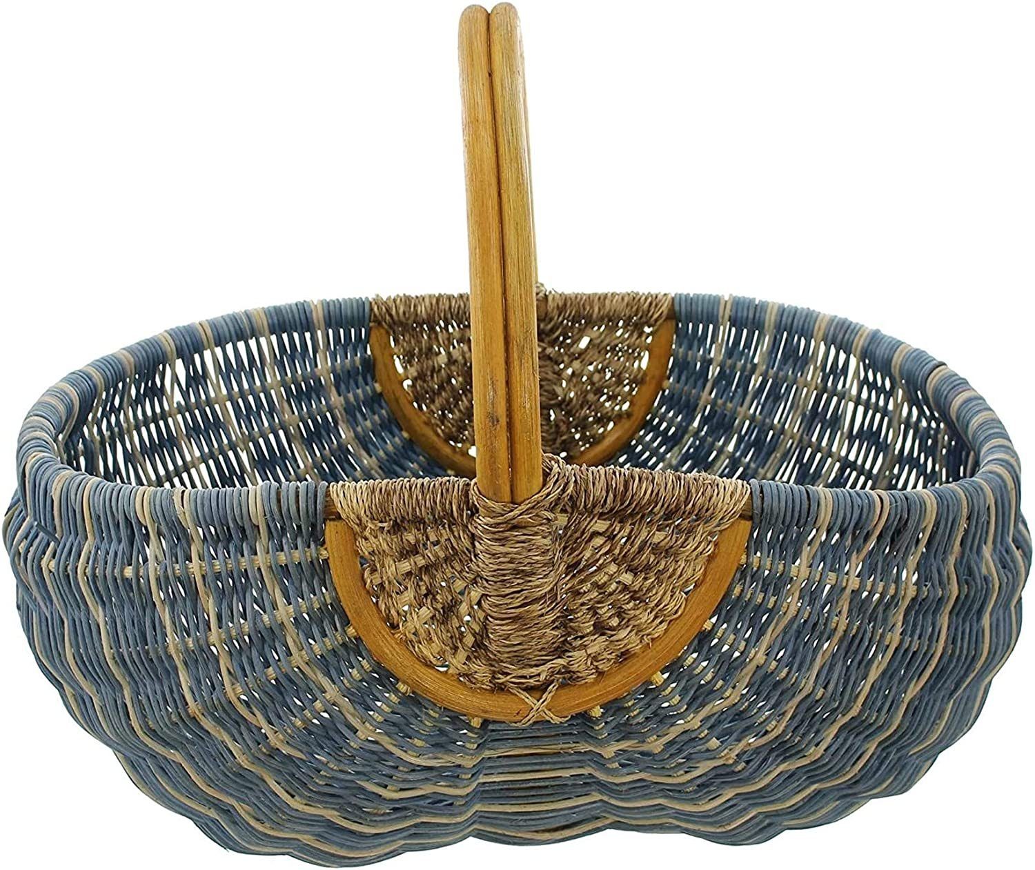 Dekoleidenschaft Einkaufskorb aus Rattan, blau / natur, großer Flechtkorb, Rattankorb, Tragekorb, Picknickkorb geflochten, Autokorb, Aufbewahrungskorb, Obtkorb, Korb