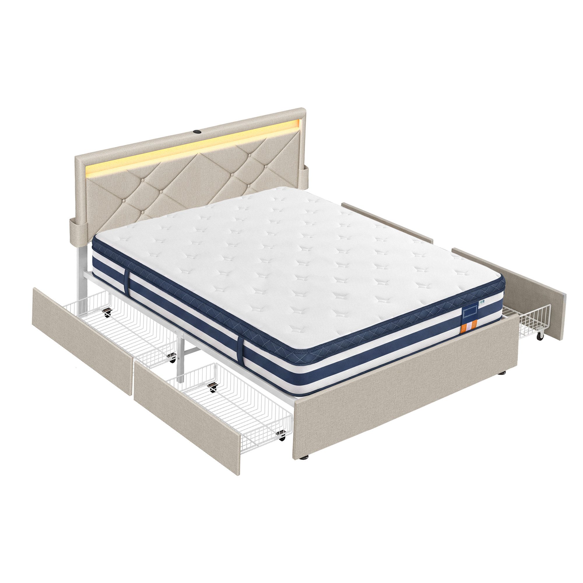 VASAGLE Polsterbett inkl. ergonomischer Matratze, mit LED(25 Farben), USB, 4 Schubladen, 160x200 cm, 4 Schubladen, USB, H3