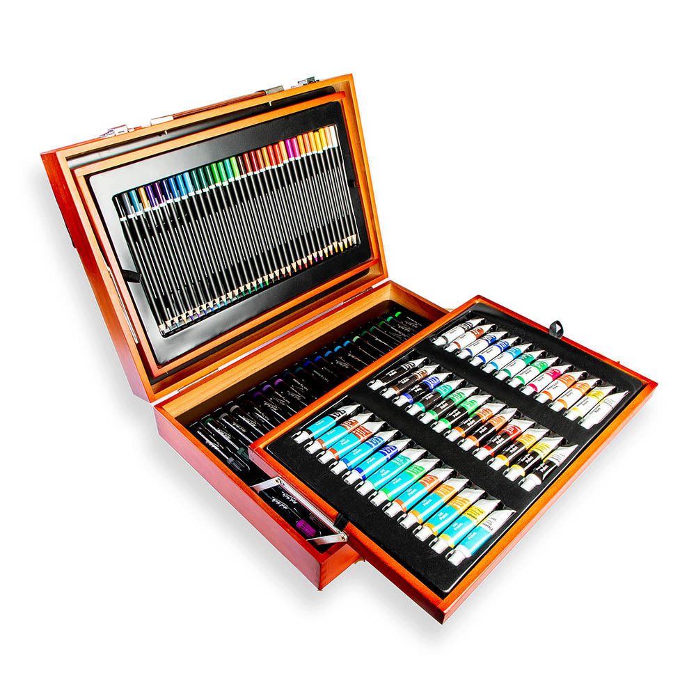 Mont Marte Kreativset Künstlerkoffer mit 174 hochwertigen Utensilien für Malerei & Zeichnen, (Kunstkoffer, 174-tlg., Set mit Pinseln, Farben, Stiften, Filzstiften, Pastellkreiden), Praktischer Holzkoffer, inklusive Fächer, ideal für unterwegs