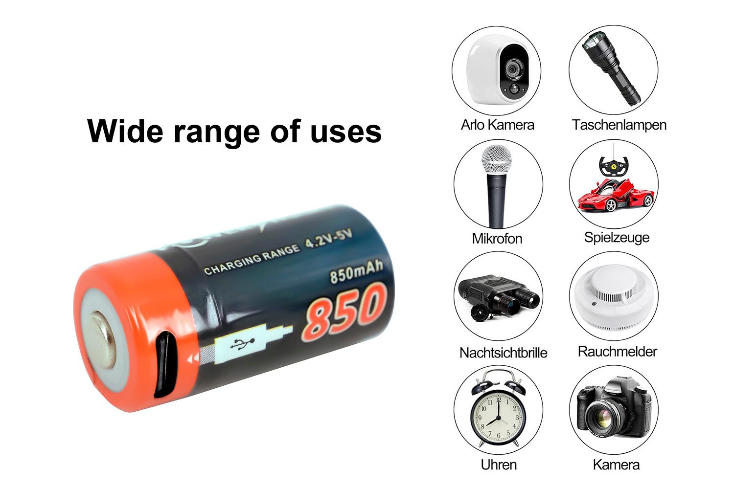 PowerSmart Zusatz-Akku 4x 123 Batterien, für CR123 CR123A CR17345, wiederaufladbare Lithiumbatterie Li-ion 850 mAh (3,6 V)