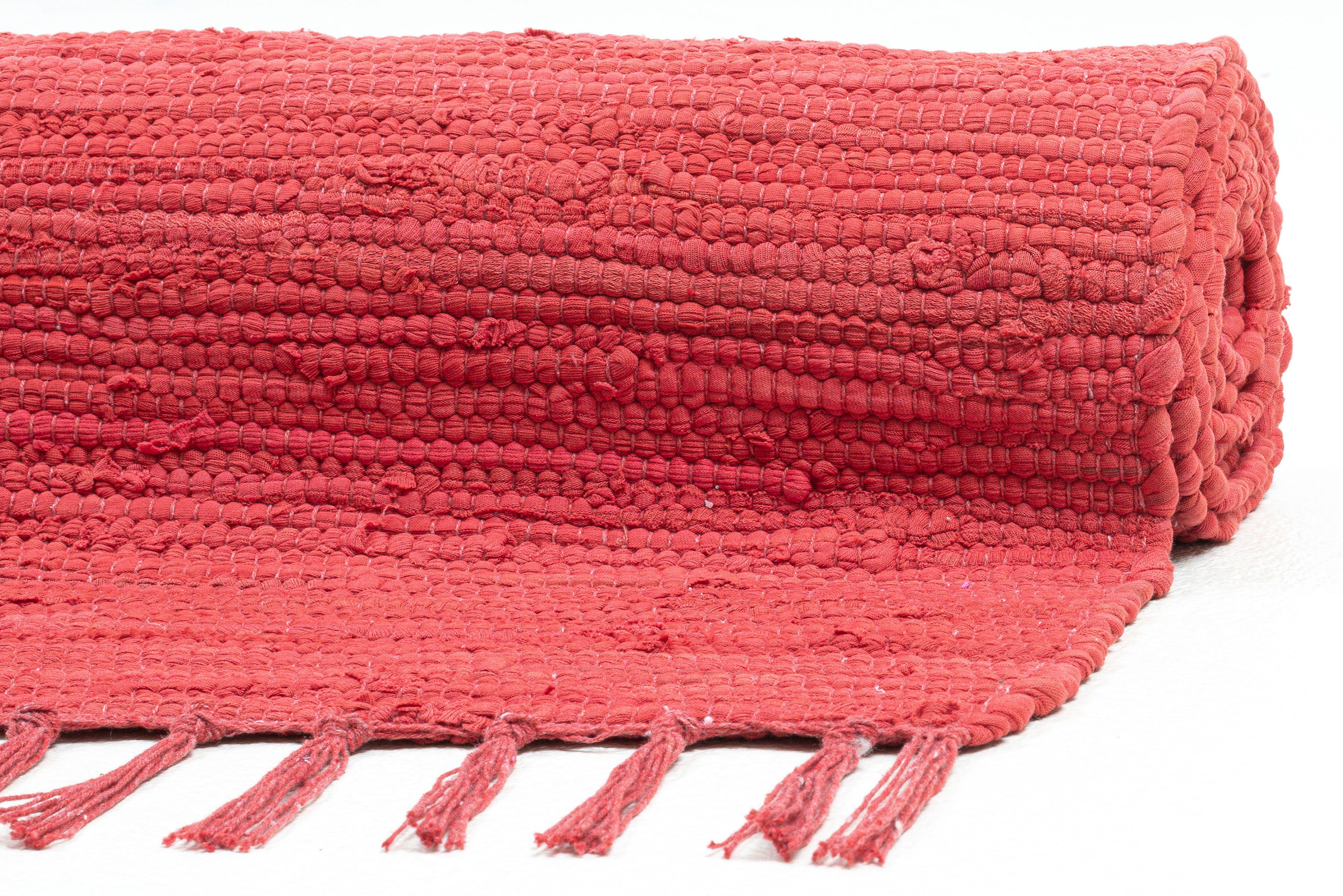 Flachgewebe, rechteckig, Teppich, mm, Cotton, THEKO, Fransen Handweb rot mit Happy Höhe: 5 handgewebt, Teppich reine Baumwolle,