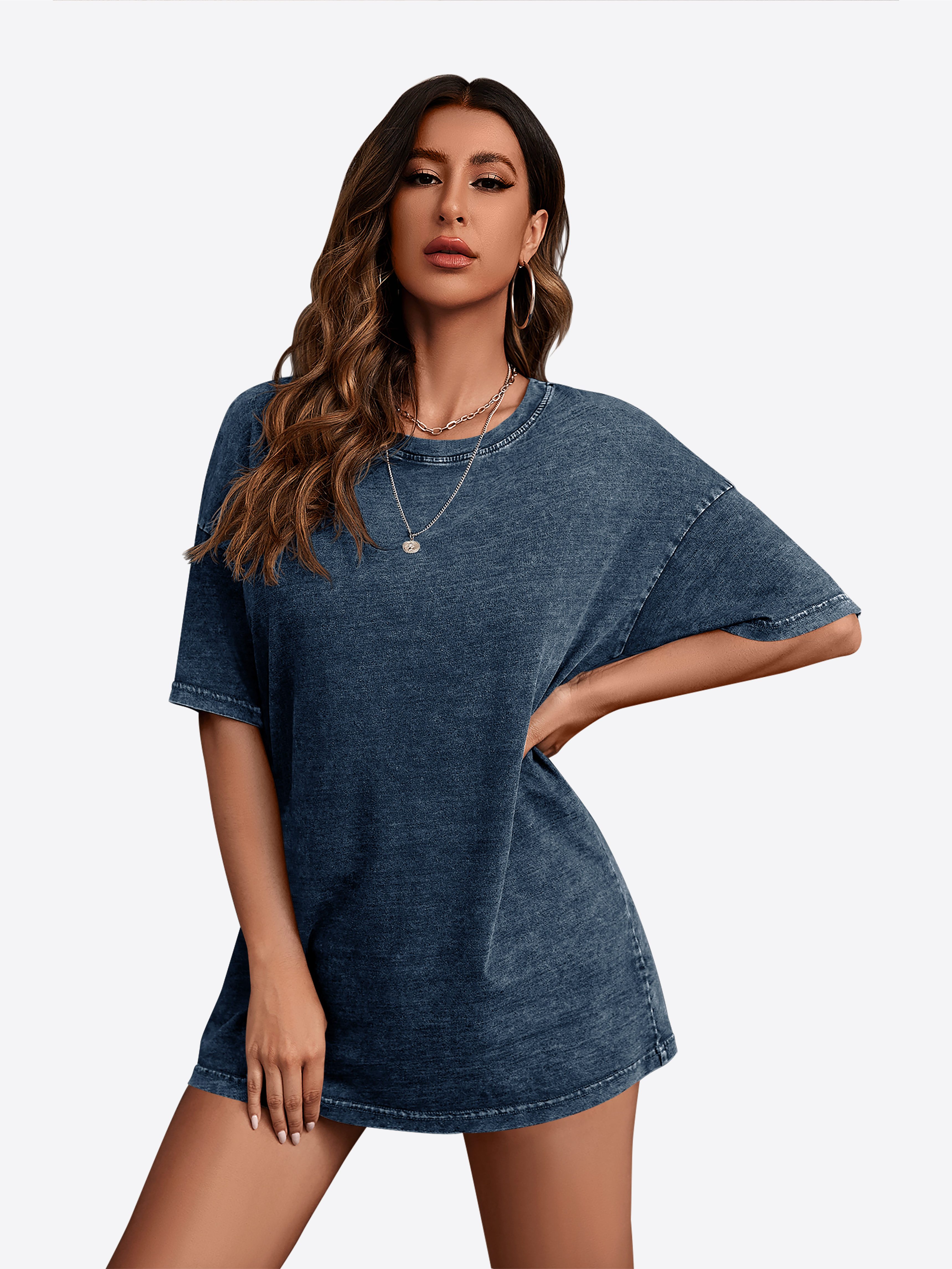 Imily Bela Kurzarmshirt Damen Oversize Vintage Rundhals aus Baumwolle Washe günstig online kaufen