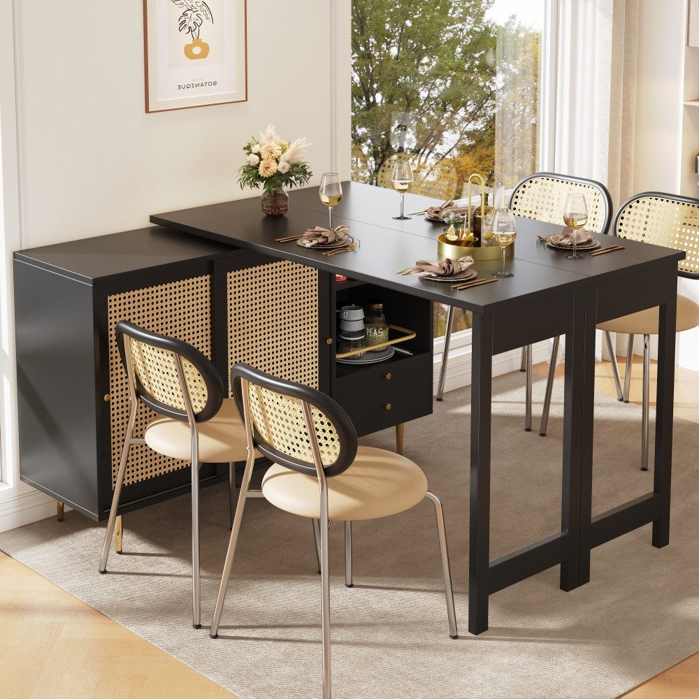 BBWL Bartisch 360° drehbarer Stehtisch aus MDF schwarz mit Rattantüren, ausziehbar, multifunktionaler Stauraum für Küche & Esszimmer
