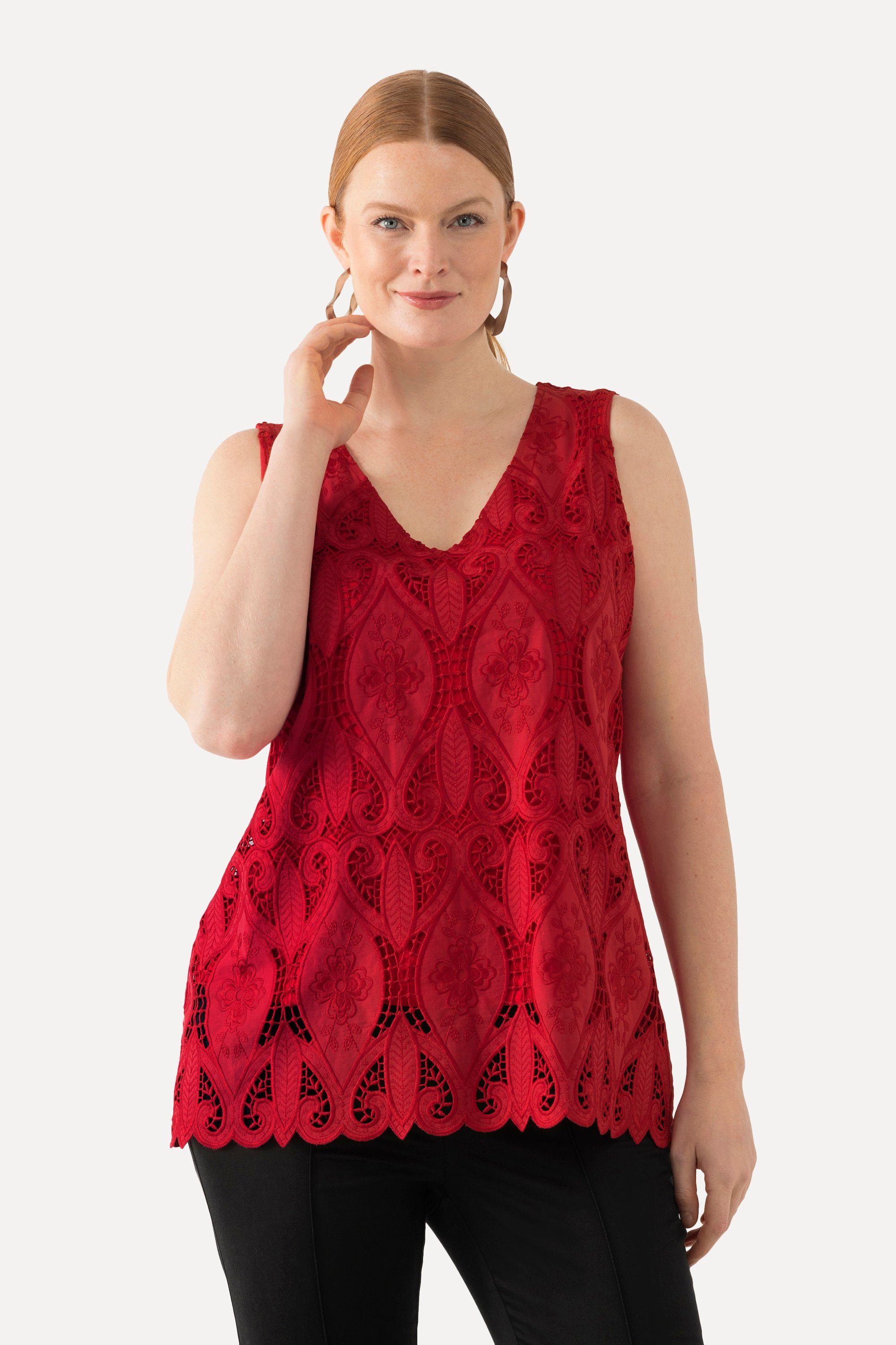 Hemdbluse Spitzenbluse A-Linie Hemdkragen Wellensaum 3/4-Arm
