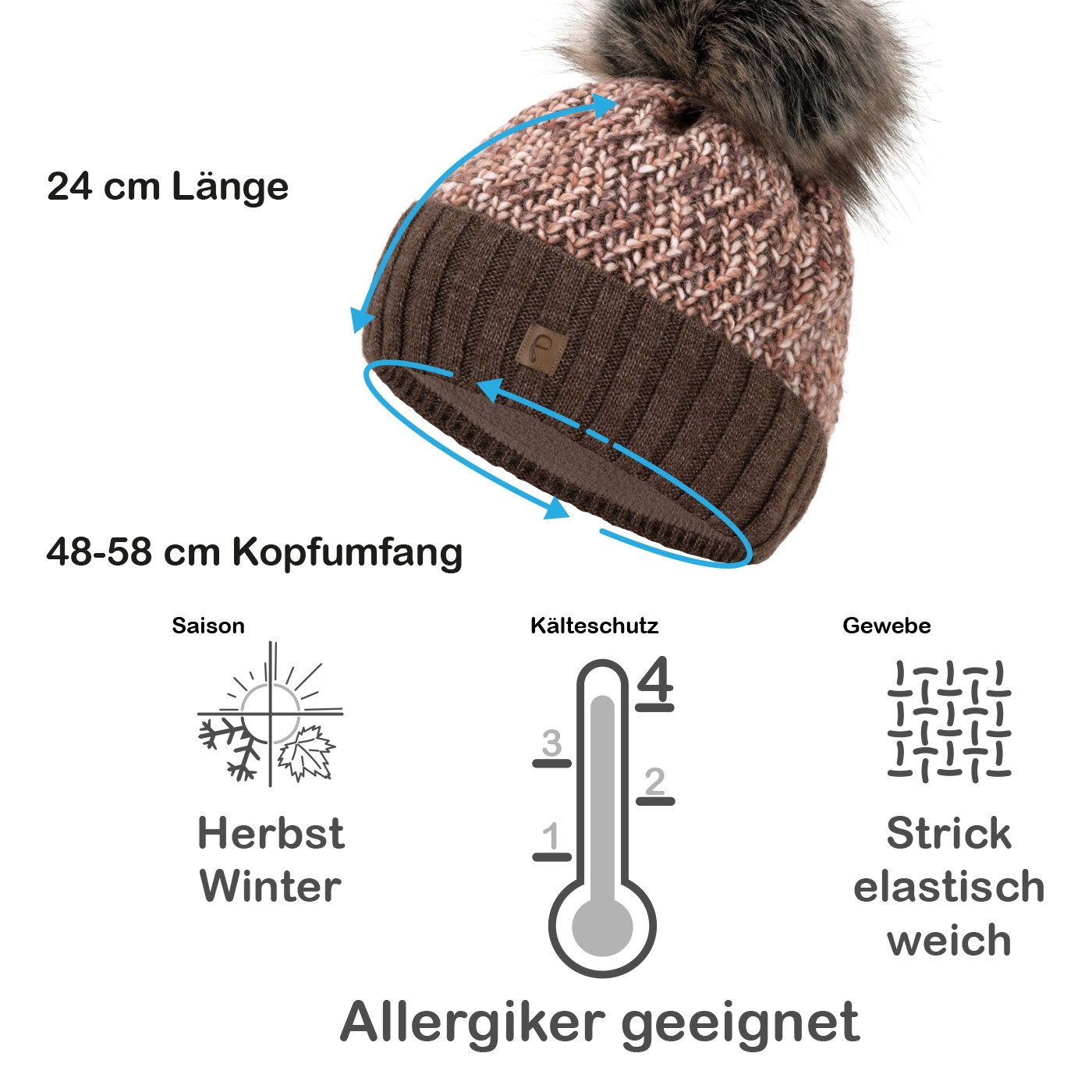 Faera Bommelmütze Wintermütze Damen Herren Mütze Beanie Haube gefüttert Bommelmütze