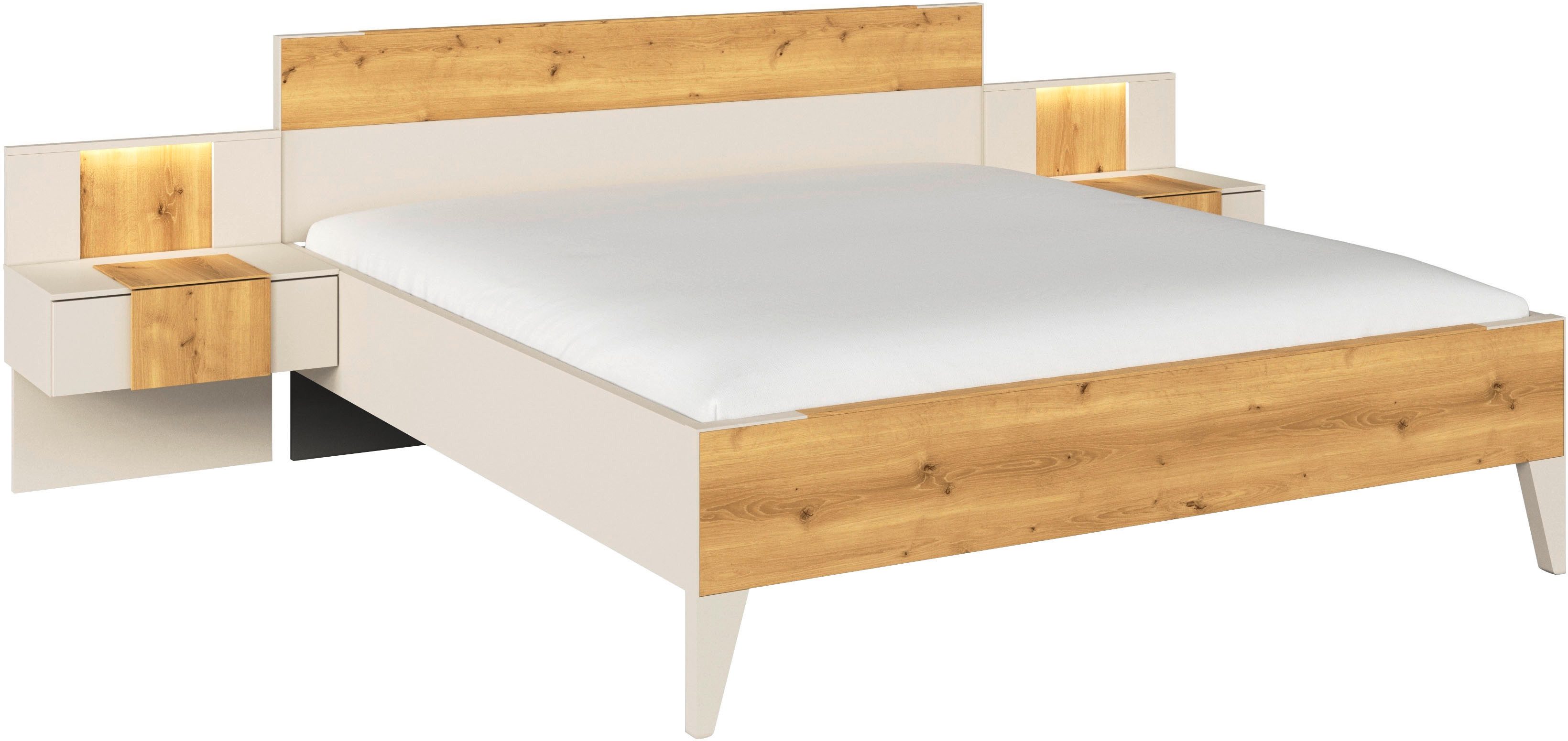 rauch Bettanlage Bett Doppelbett Komfortbett Schlafzimmer Nachttische KONA, (Set, 5-tlg., Bett 180x200 oder 200x200, 2x Hängenachttisch, 2x Paneele mit Bel), Absetzung Asteiche massiv, mit Soft-Close-Funktion MADE IN GERMANY