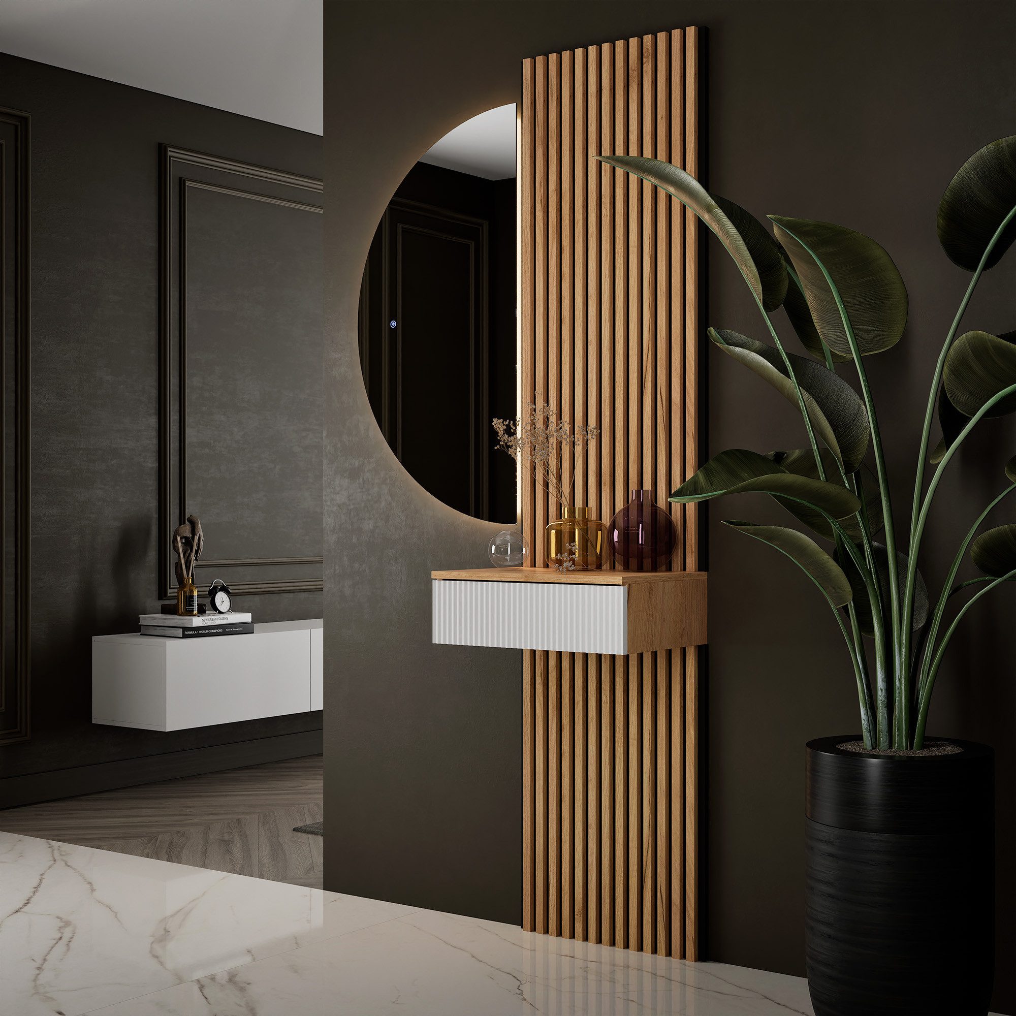 Planetmöbel Garderoben-Set AMYRA Flur Garderobe Spiegel mit Beleuchtung & Akustikpaneele, (LED Spiegel Nivora 50 x 100 cm, Touch-Funktion, Dimmbar, Konsolentisc – Bild 2 von 5
