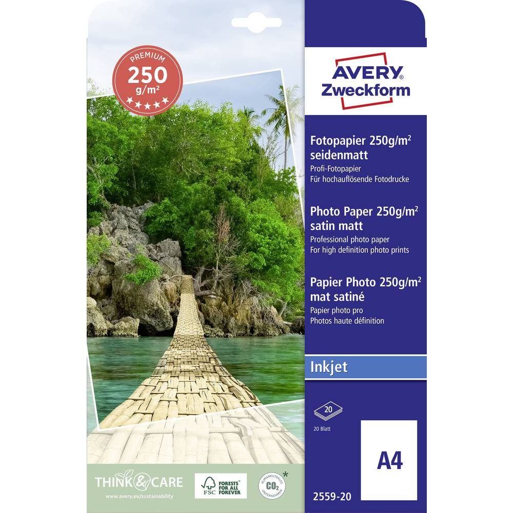 Avery Zweckform Fotopapier Avery Zweckform Art. Inkjet Fotopapier (20 Blatt, 250 g/m² 2559-20, Seidenmatt