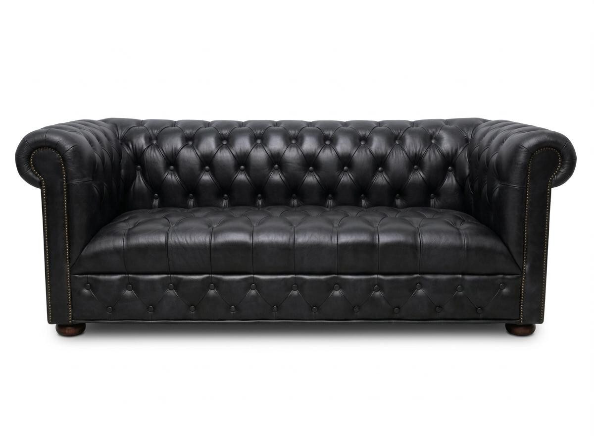 Xlmoebel Chesterfield-Sofa Stilvolles Chesterfield Dreisitzer-Sofa mit Echtleder in Schwarz, 1 Teile, Chesterfield-Design mit Knopfheftung
