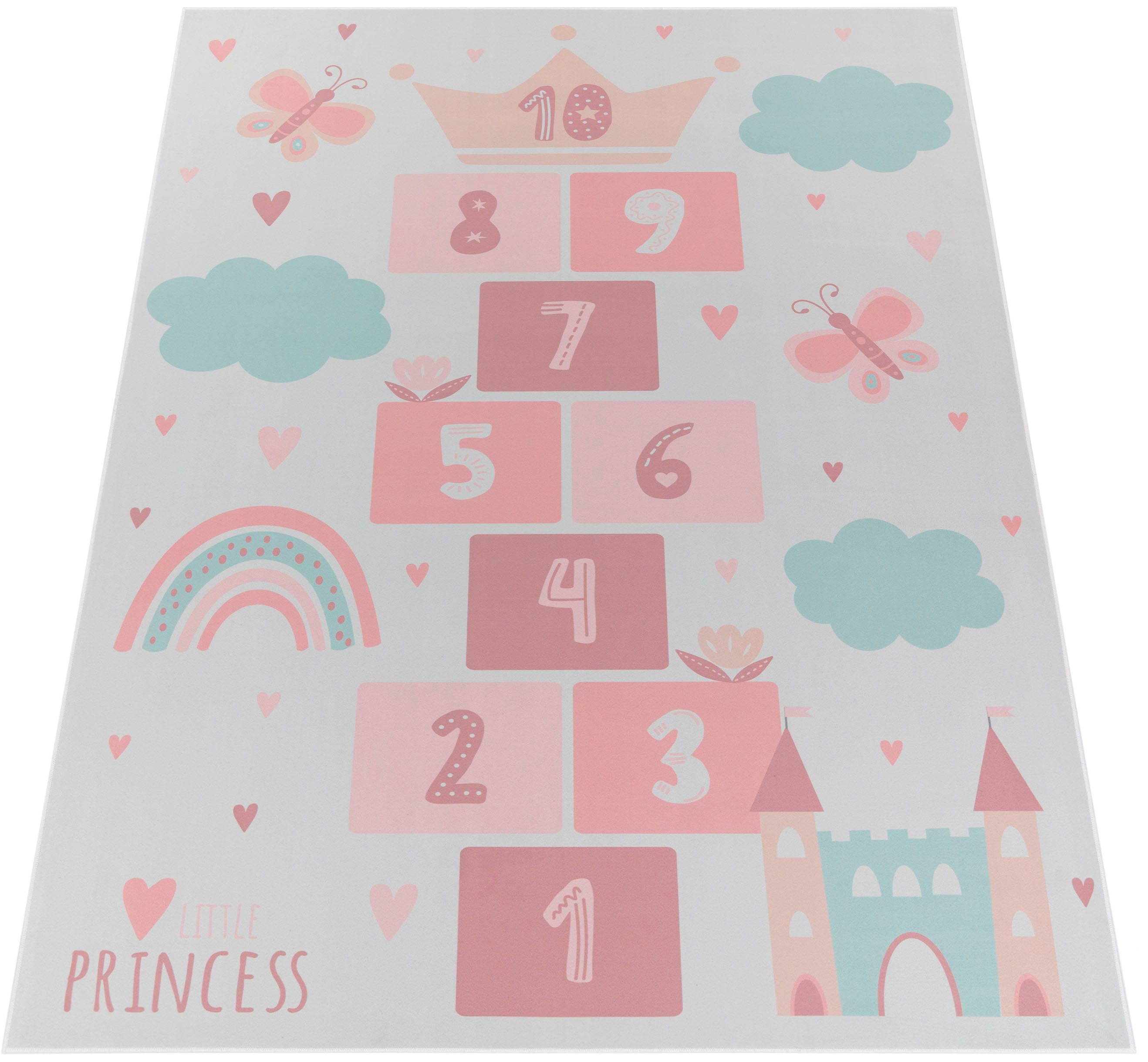 Paco Home Kinderteppich Bino 585, rechteckig, Höhe: 4 mm, Spielteppich, Kurzflor, Motiv Regenbogen & Hüpfkästchen