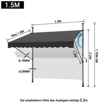 UISEBRT Klemmmarkise LED Balkonmarkise mit Kurbel ohne Bohren Sonnenschutz