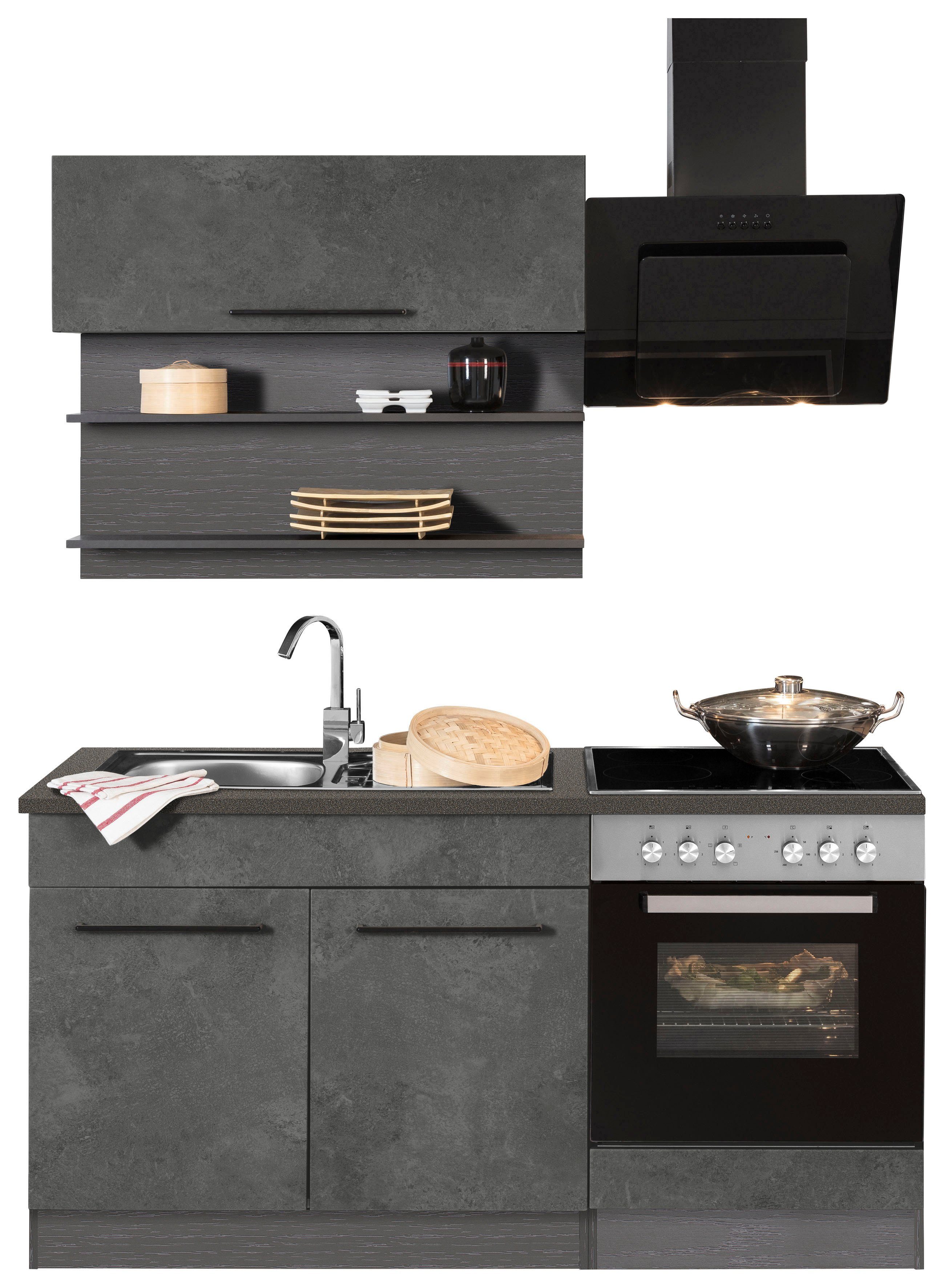 schwarze 160 cm, Küchenzeile Metallgriffe MÖBEL Tulsa, Breite mit E-Geräten, HELD