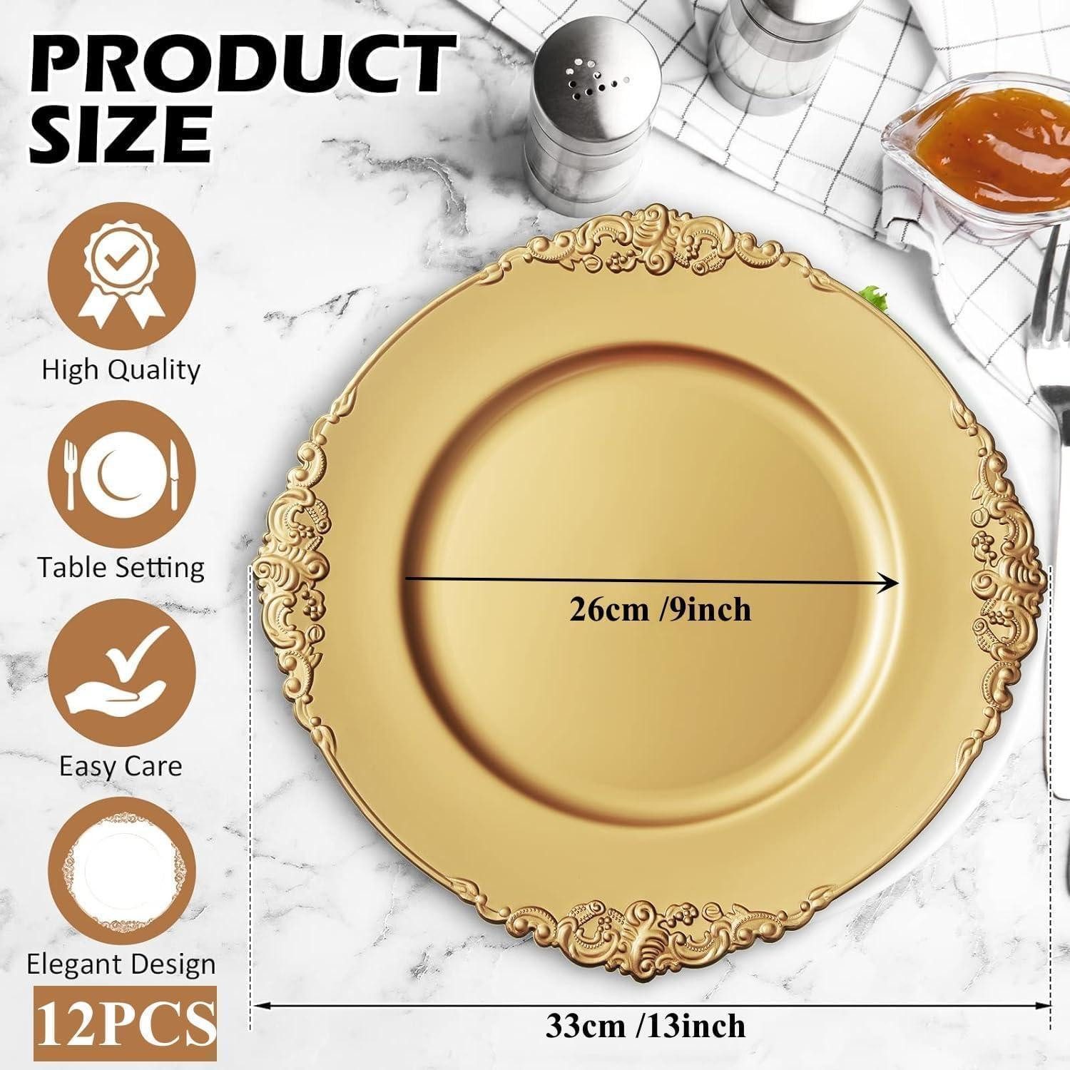 LuxusKollektion Servierteller 12er Set Goldene Platzteller mit geprägtem Rand, 33cm, Kunststoff, für