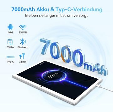 ZONKO mit 1080P FHD Videoqualität Tablet (10", 128 GB, Android 12, 2,4G+5G, 13MP mit 7000mAh Octa-Core 2,0 GHz mit Tastatur Maus SD BT GMS, Typ-c)