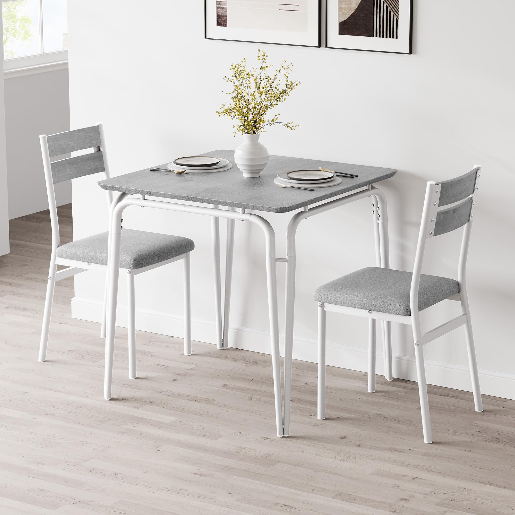 GarveeMore Essgruppe Moderner Quadratischer Esstisch und Polsterstühle für 2 Personen, (1 Tisch, 2 Stuhle), Küchentisch 74 x 74 x 76 cm, Stühle 39 x 43 x 86 cm(BxTxH)