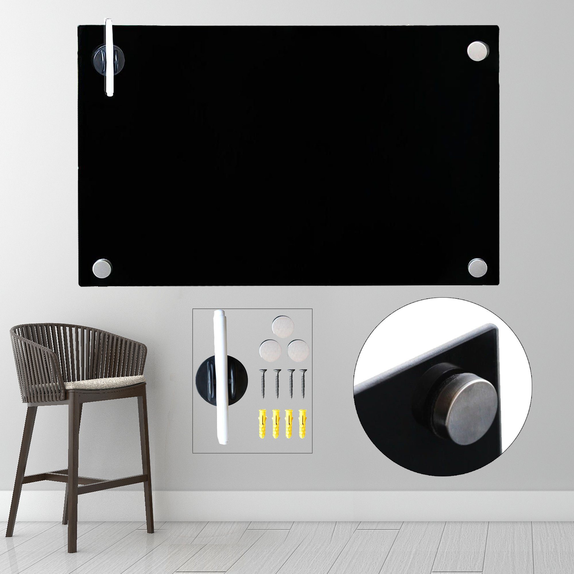 Melko Magnettafel Memoboard Schwarz Glasmagnettafel Magnetboard Whiteboard, (Stück), Sicherheitsglas