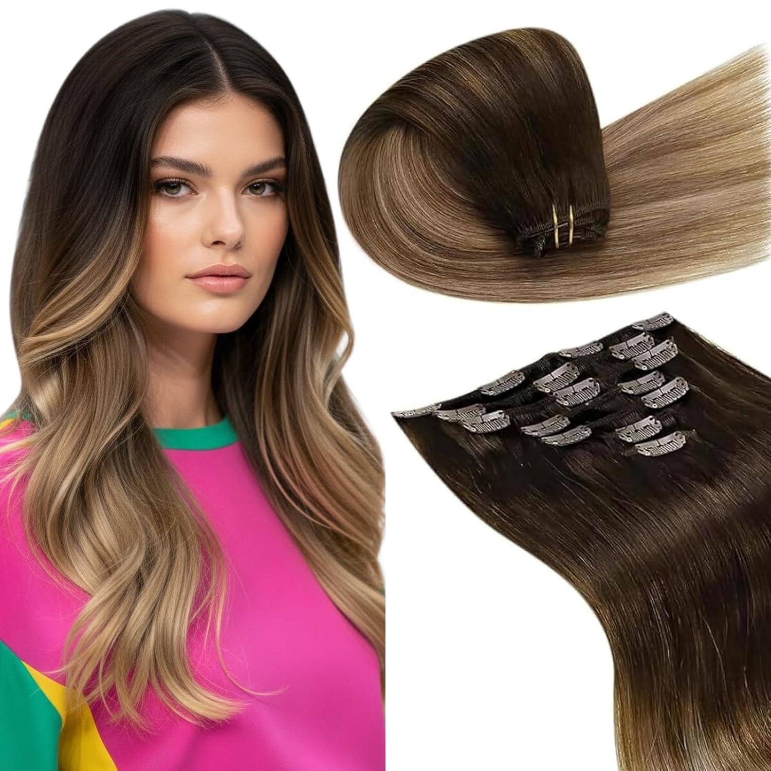 Echthaar-Extension Extensions Clip Echthaar Remy Ombre Mittelbraun 55cm-7PCS 3.3#2 6 18