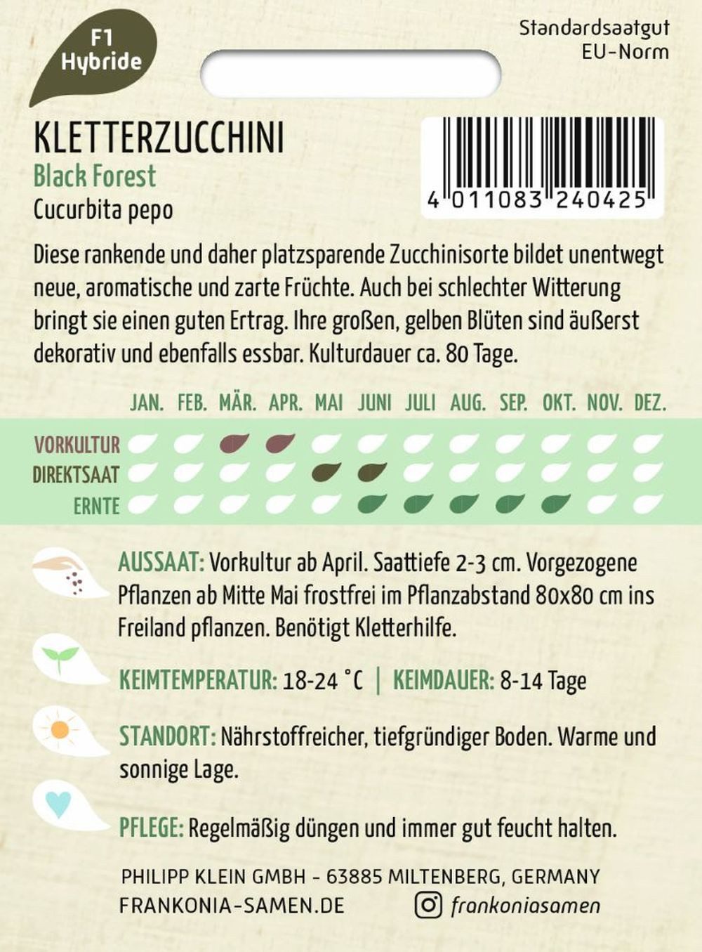 FRANKONIA Gemüsesamen Kletterzucchini, Black Forest F1 - Saatgut Zucchini-Samen Samen, Cucurbita pepo – Bild 2 von 2