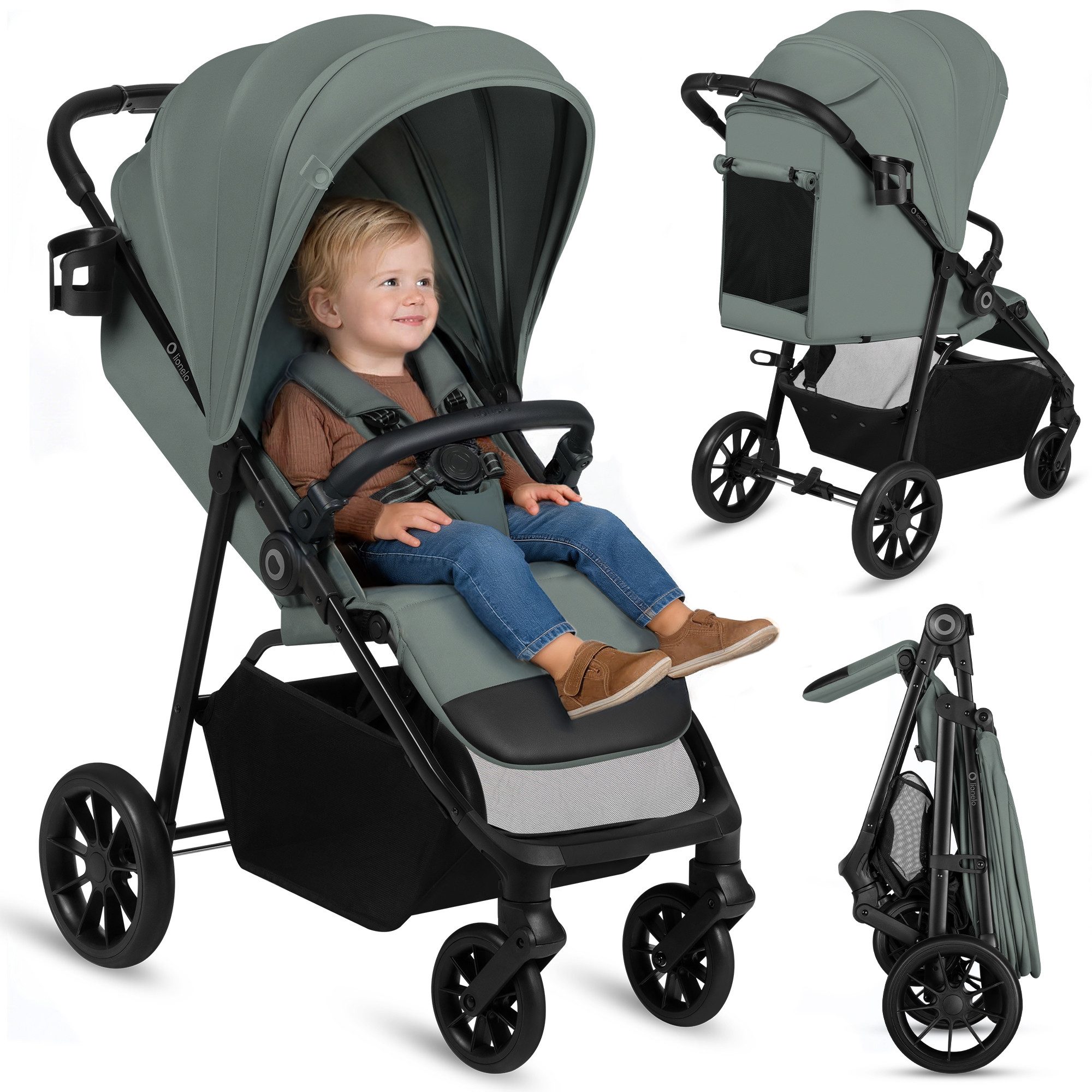 lionelo Kinder-Buggy EMERALD, (Set), XXL Verdeck UPF50+/EVA kugelgel./Federung v+h/Einhand-Falten
