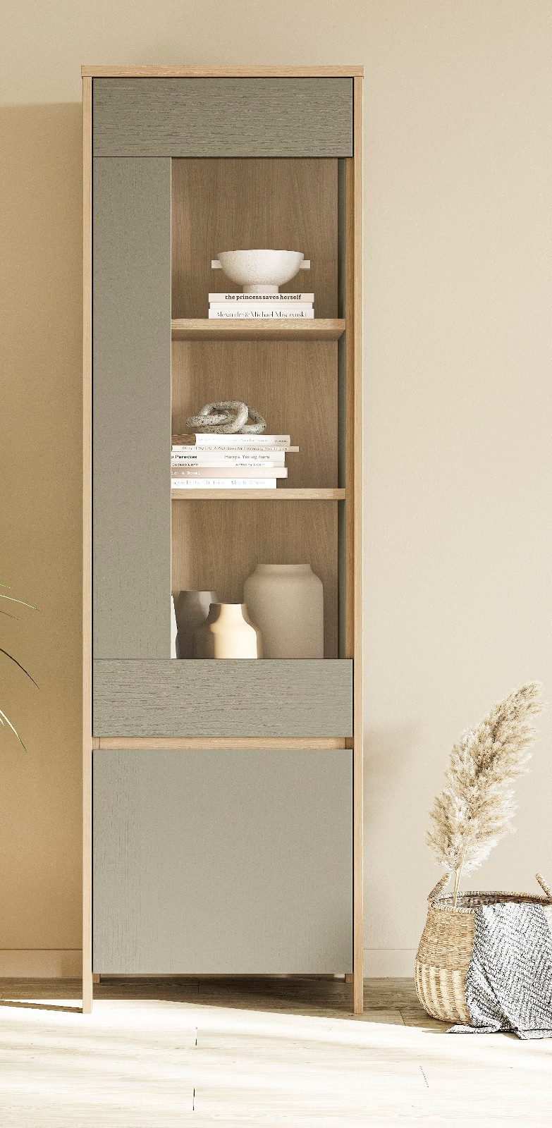Furn.Design Stauraumvitrine Finnes (Vitrinenschrank in Salbei und Eiche, 58 x 195 cm) wechselbarer Türanschlag und Soft-Close-Funktion
