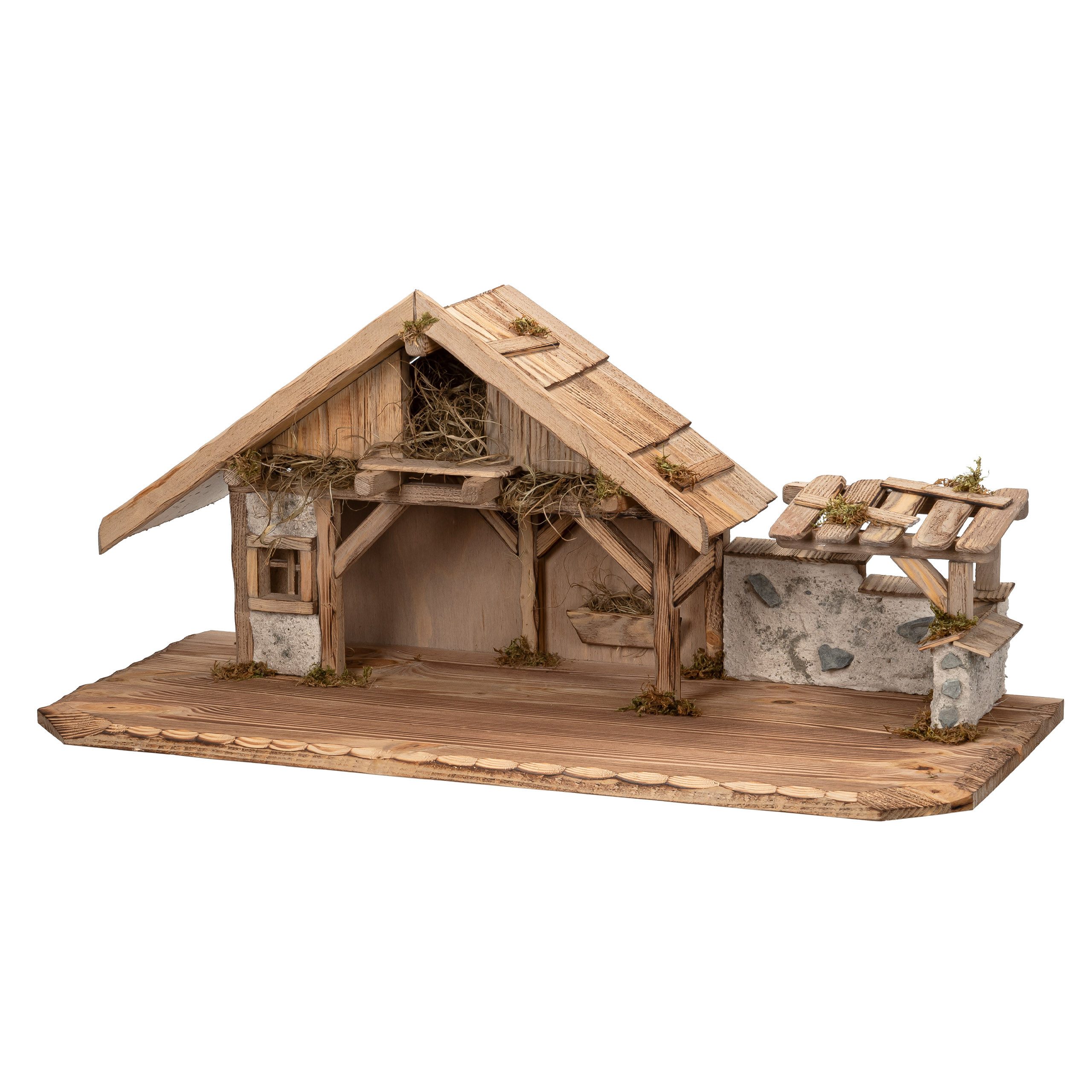 kamelshopping Krippe Große Weihnachtskrippe, aus Holz und Gips gefertigt, mit Moos, Steinen und Stroh geschmückt, sehr detailreiche Krippe