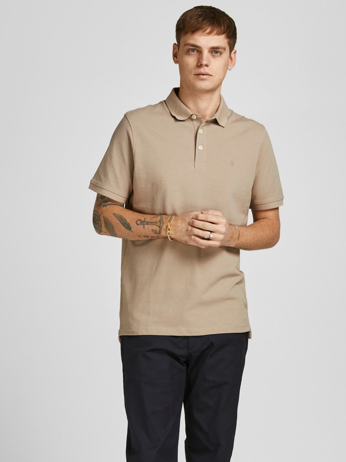 Cotton in Sommer Jones 3613 Hemd (1-tlg) Poloshirt JJEPAULOS Shirt Pique Beige & Polo Jack Kragen