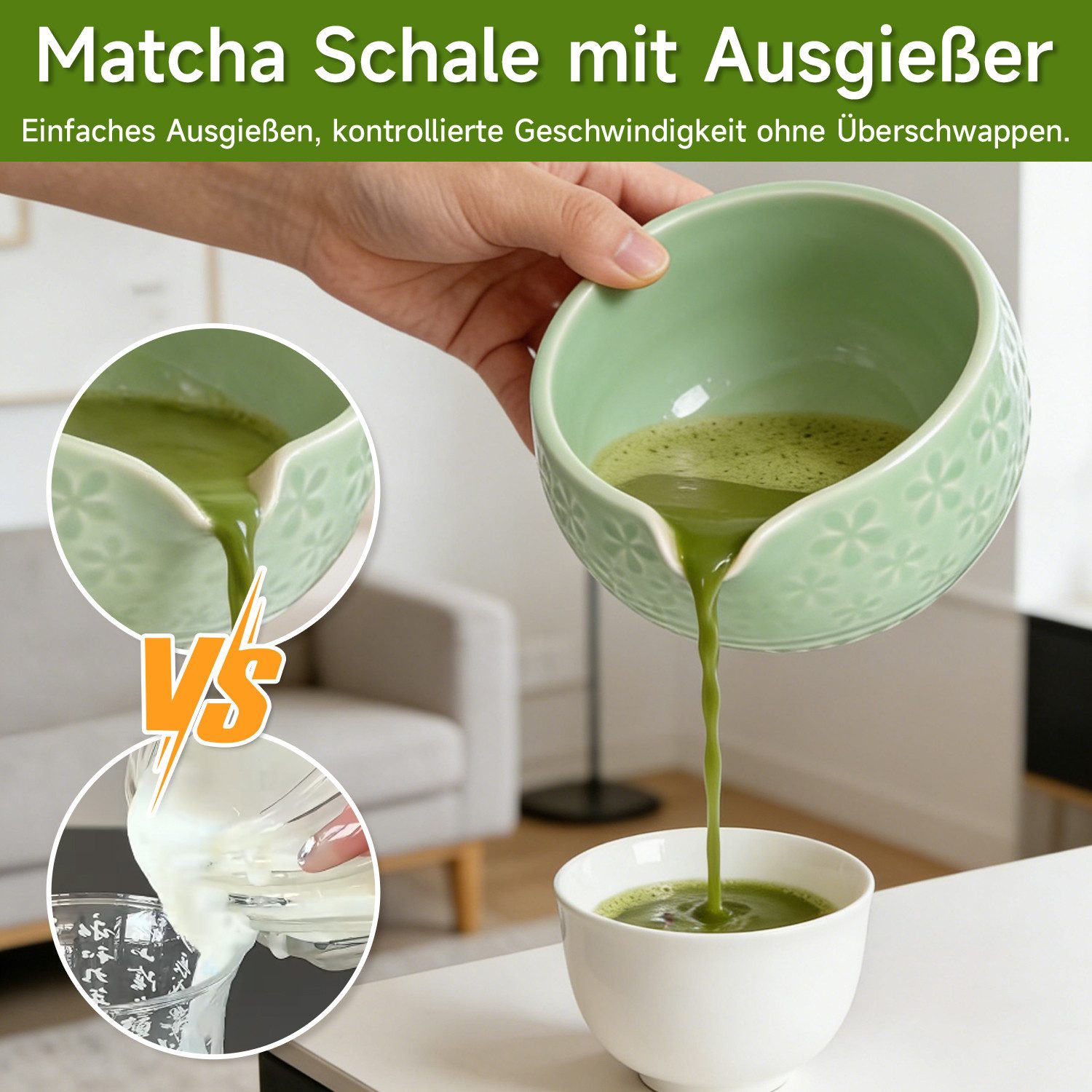 OSTWOLKE Teeservice Matcha Set 7-Teiliges Keramik, Bambusbesen, Schale & Zubehör, Matcha Tee Set für Matcha-Liebhaber