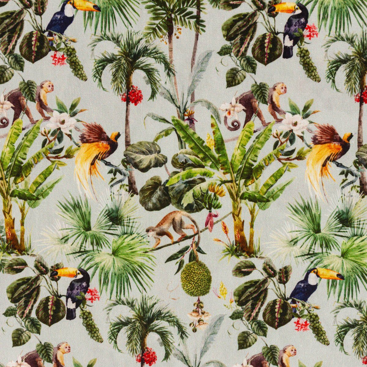 SCHÖNER LEBEN. Stoff Baumwollstoff Popeline Digitaldruck Dschungel Tiere Palmen grün 1,50m, allergikergeeignet