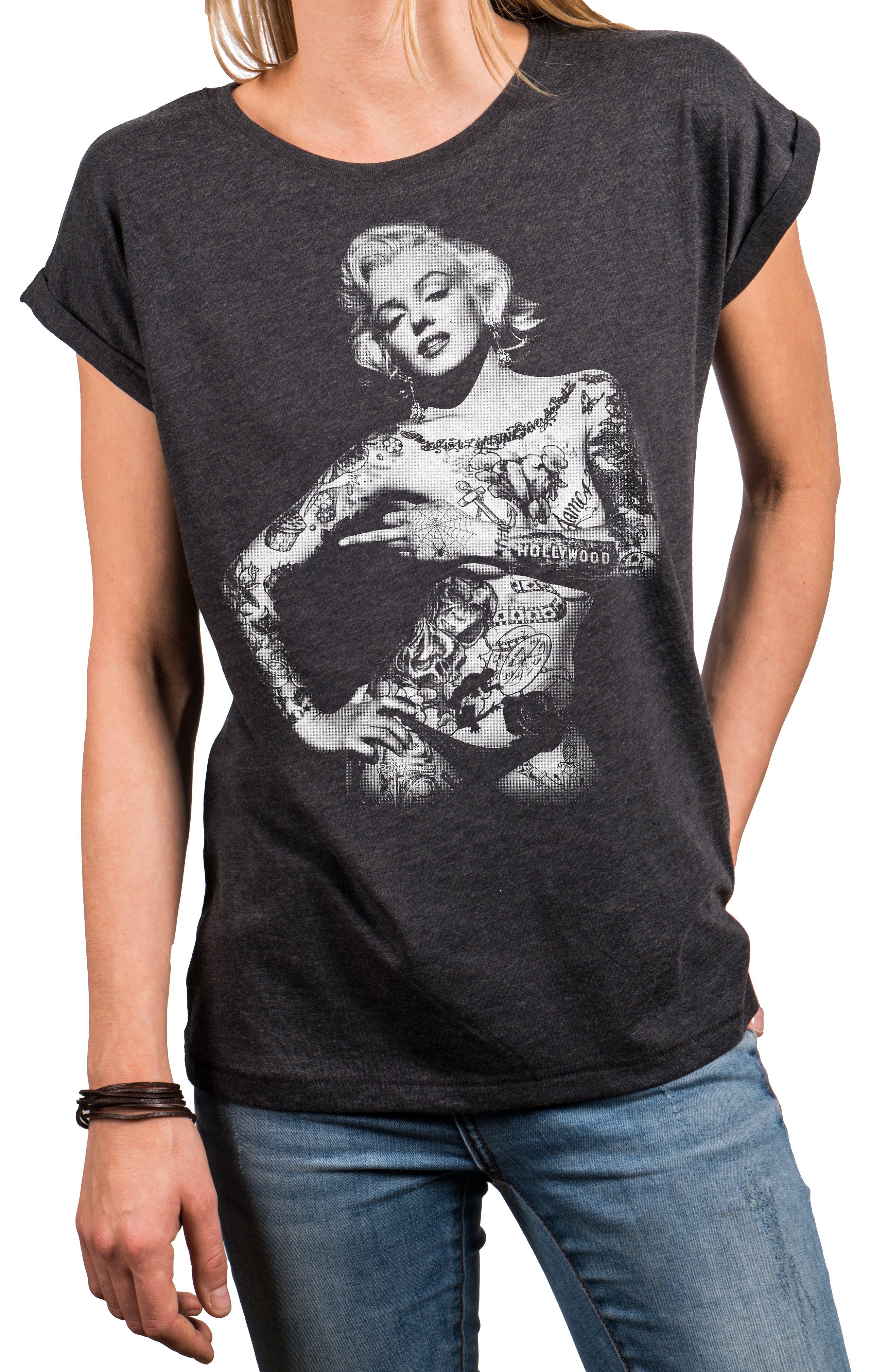 MAKAYA Print-Shirt Damen Lässig Sommer Top Aufdruck Tattoo Vintage Rock Motiv Cool Frech (Kurzarm Rundhals, Schwarz, Grau, Blau) Baumwolle, große Größen
