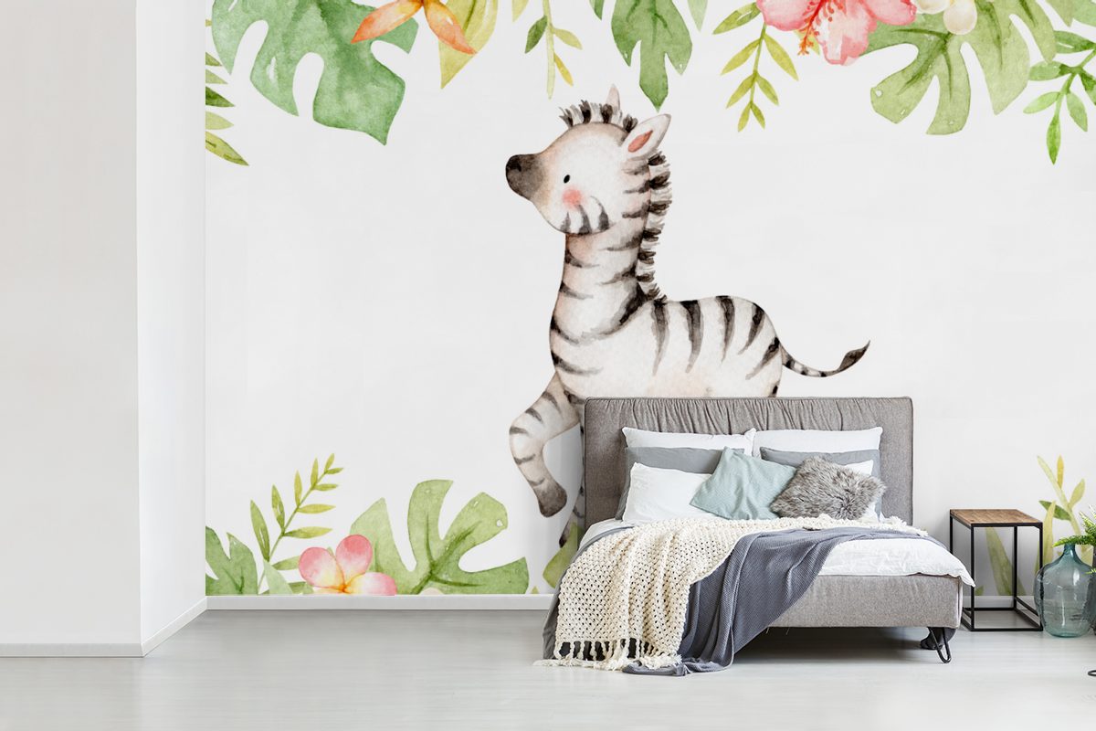 MuchoWow Fototapete Zebra - Dschungel - Wohnzimmer, Schlafzimmer, bedruckt, Wallpaper für Aquarell, (6 St), Matt, Blumen - Kinderzimmer, Tapete Vinyl