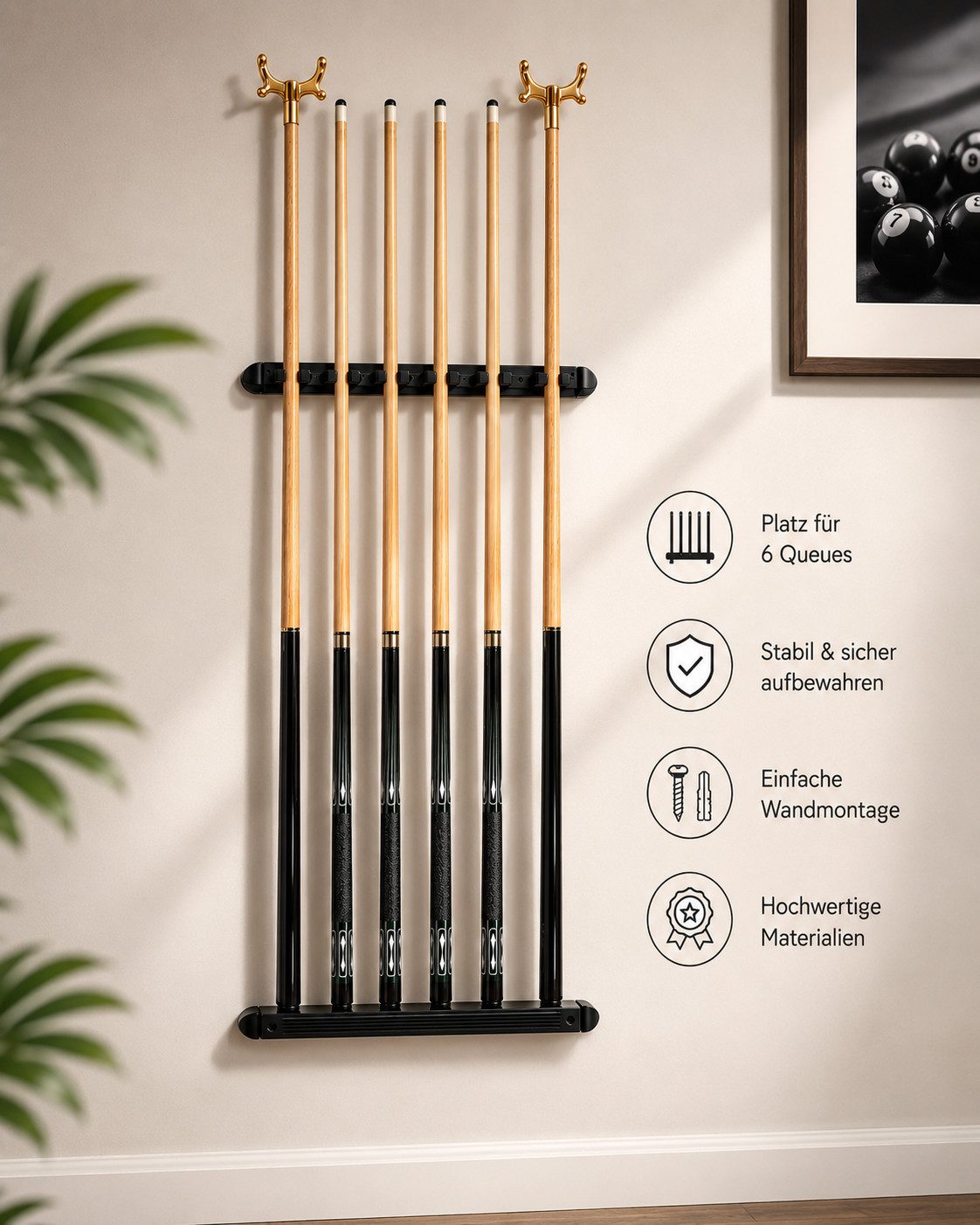 John West Billardqueue Billard Set - Wandhalterung + 4 Profi Billardqueues + 2 Brückenqueues, (1-tlg)
