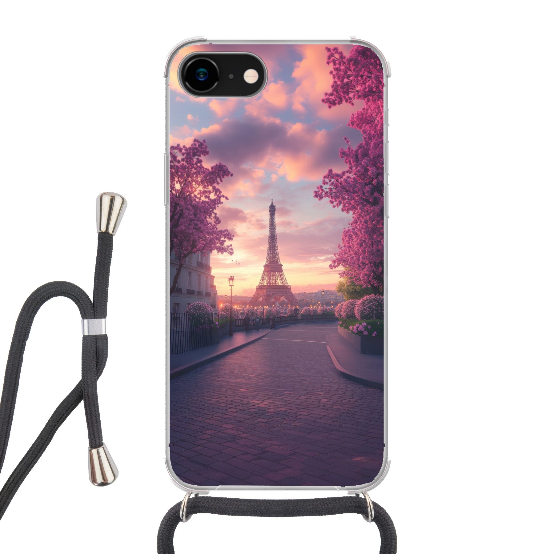 MuchoWow Handyhülle für Apple iPhone 8 Eiffelturm - Paris - Rosa, Tragbare Handyhüllen mit Kette zum umhängen, Handykette Handyband