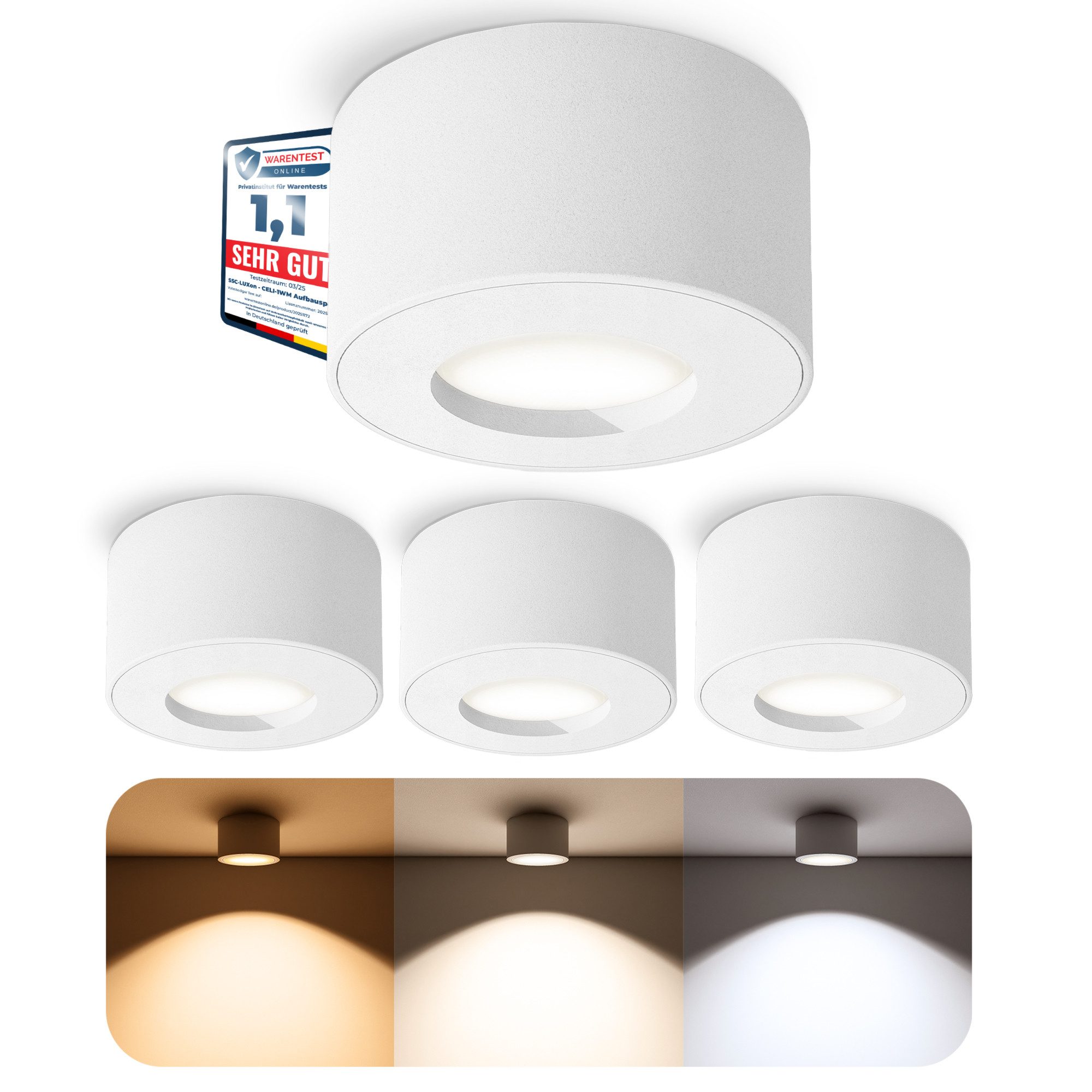SSC-LUXon LED Außen-Deckenleuchte CELI-1 Aufbaustrahler fuer Bad & Aussen IP44 in weiss mit LED Modul 4W, Warmweiß bis Tageslicht