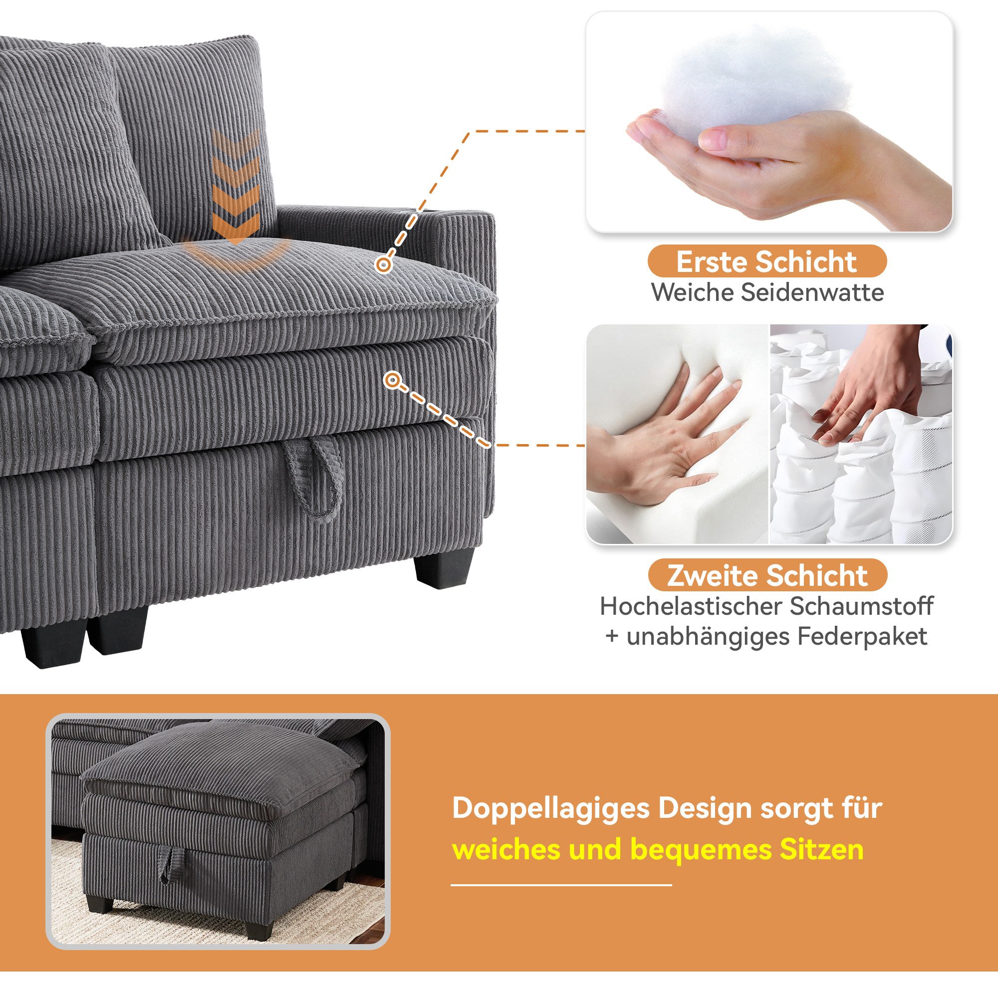 i@home Ecksofa 6-Sitzer-Sofa, L-förmiges Sofa, mit Abnehmbarem Hocker, USB- günstig online kaufen