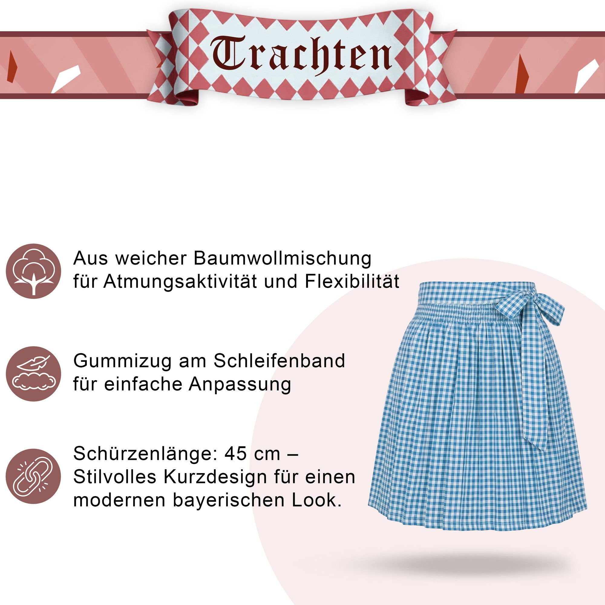 German Wear Dirndlschürze GW1603-1-hellblau Kariert, Schürze für Dirndl Hellblau Kariert Mini – Bild 3 von 5
