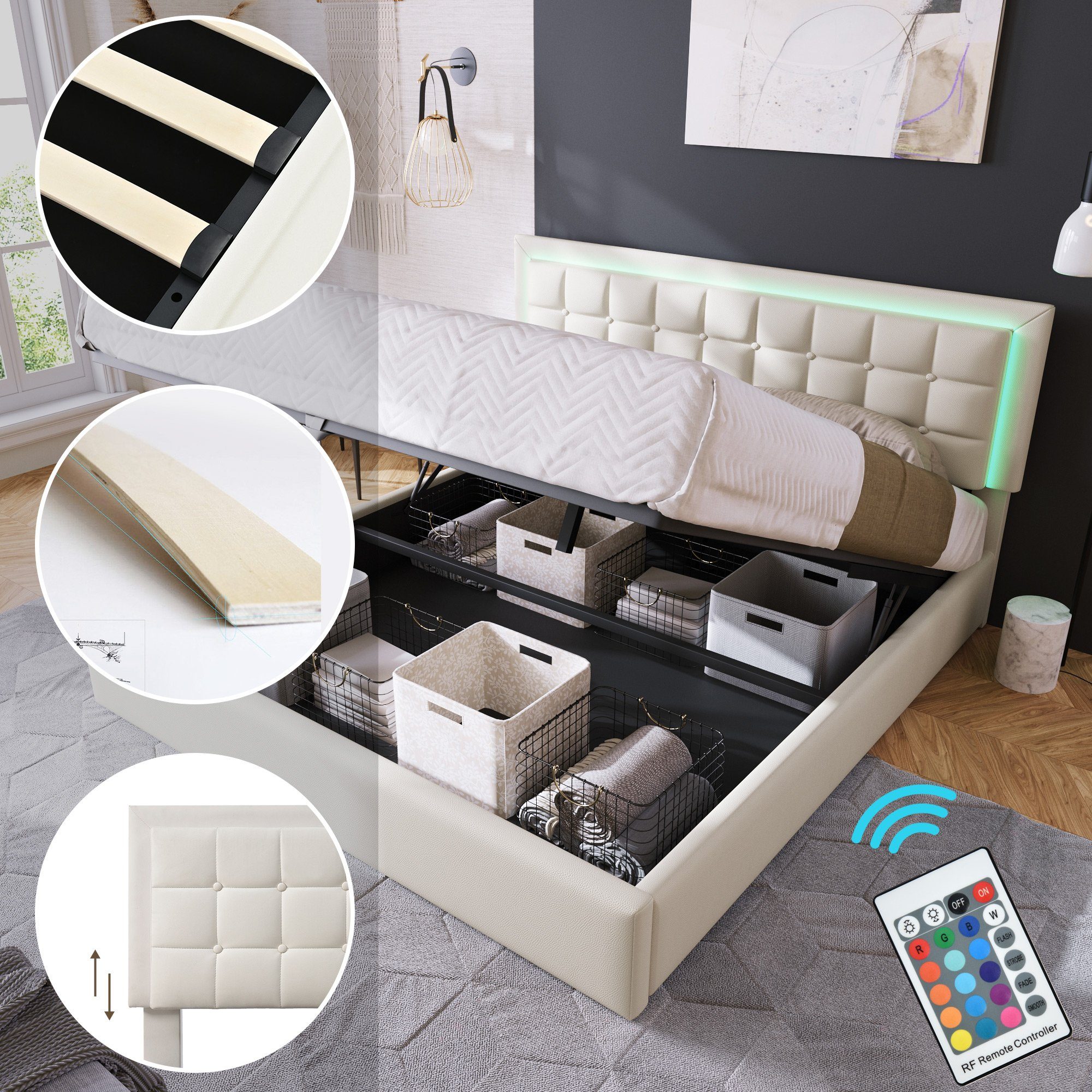 Boxspringbett (Hydraulisches Bett mit Bettkasten), Polsterbett mit LED-Beleuchtung Kunstleder 140x200cm