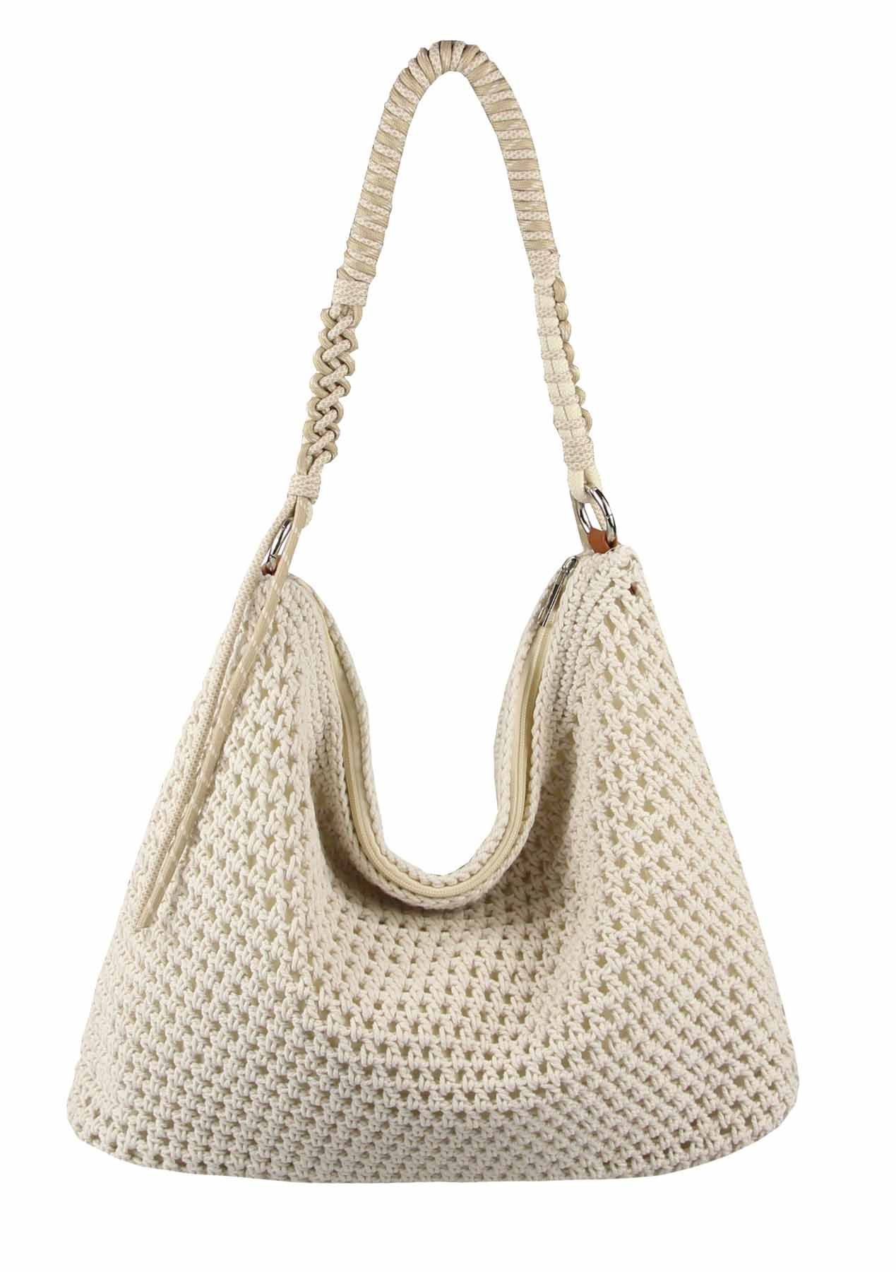 ITALYSHOP24 Schultertasche DAMEN TASCHE Boho Shopper Strohtasche Hobo Geflecht Häkeltasche Textil, Sommer Basttasche Strand Retro Reise Freizeit Urlaub Beuteltasche