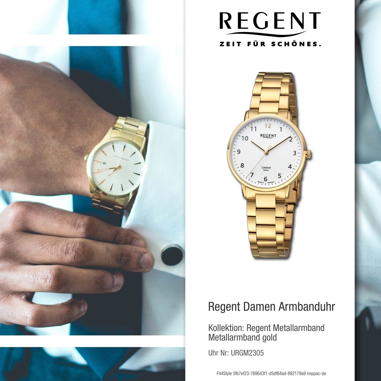 Analog, 32mm) extra rundes Gehäuse, Damen gold, (ca. Armbanduhr Damenuhr Regent Regent Quarzuhr Metallarmband groß