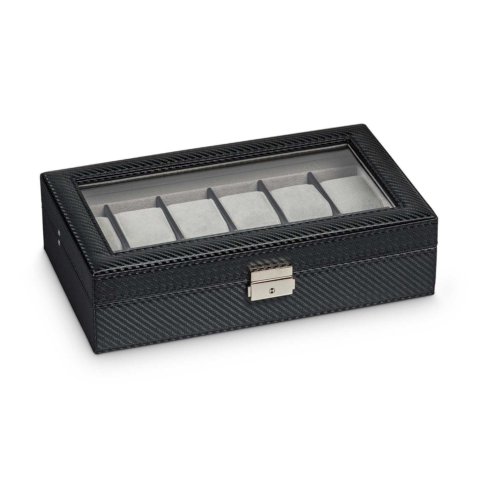 Hermann Jäckle Uhrenbox Dinkelsbühl Uhrenkasten für 12 Uhren Lederimitat Carbonoptik schwarz, (1098-CF-BL)