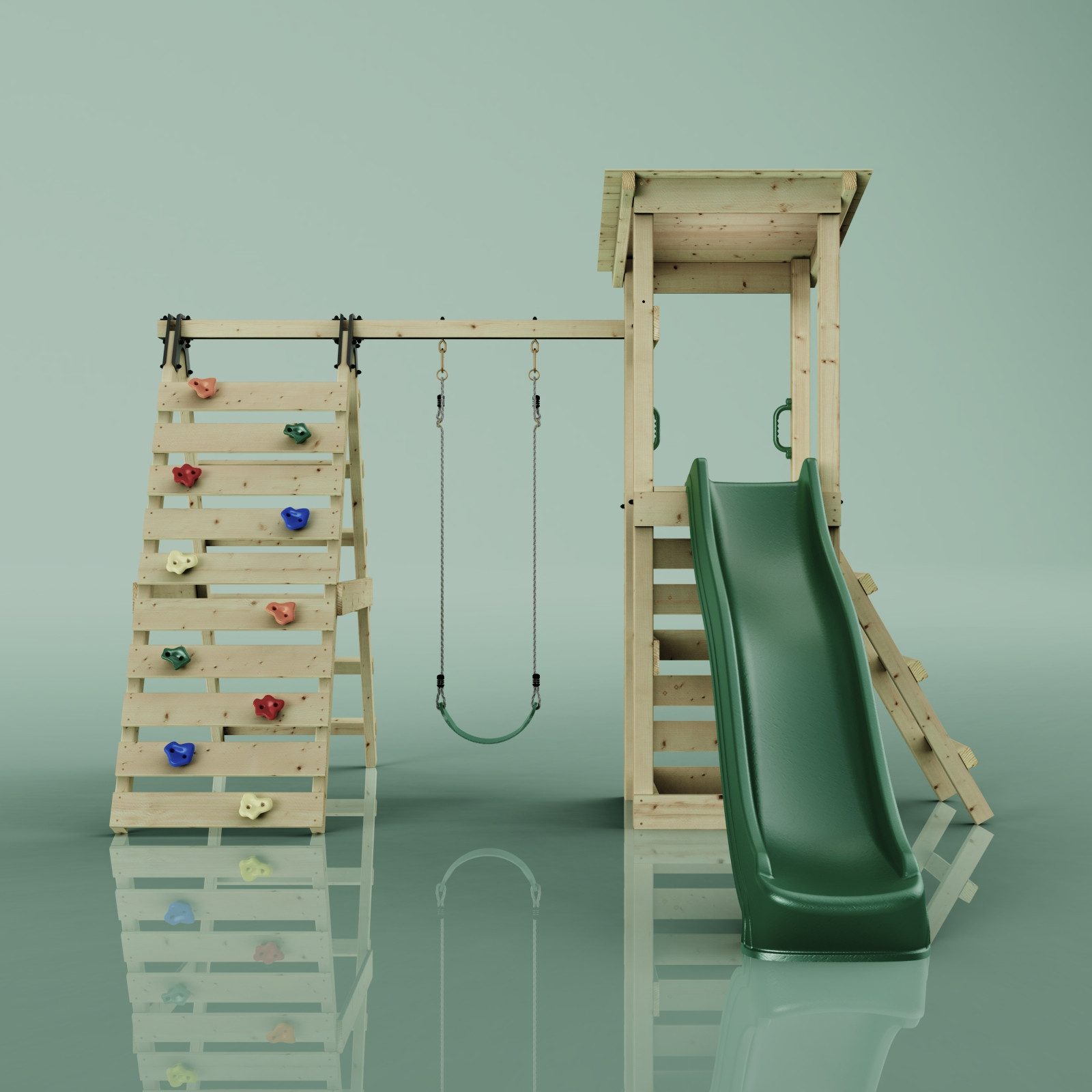 OutdoorToys Spielturm Sevilla, aus Holz in Grün mit Kinderschaukel & Rutsche, Kletterwand