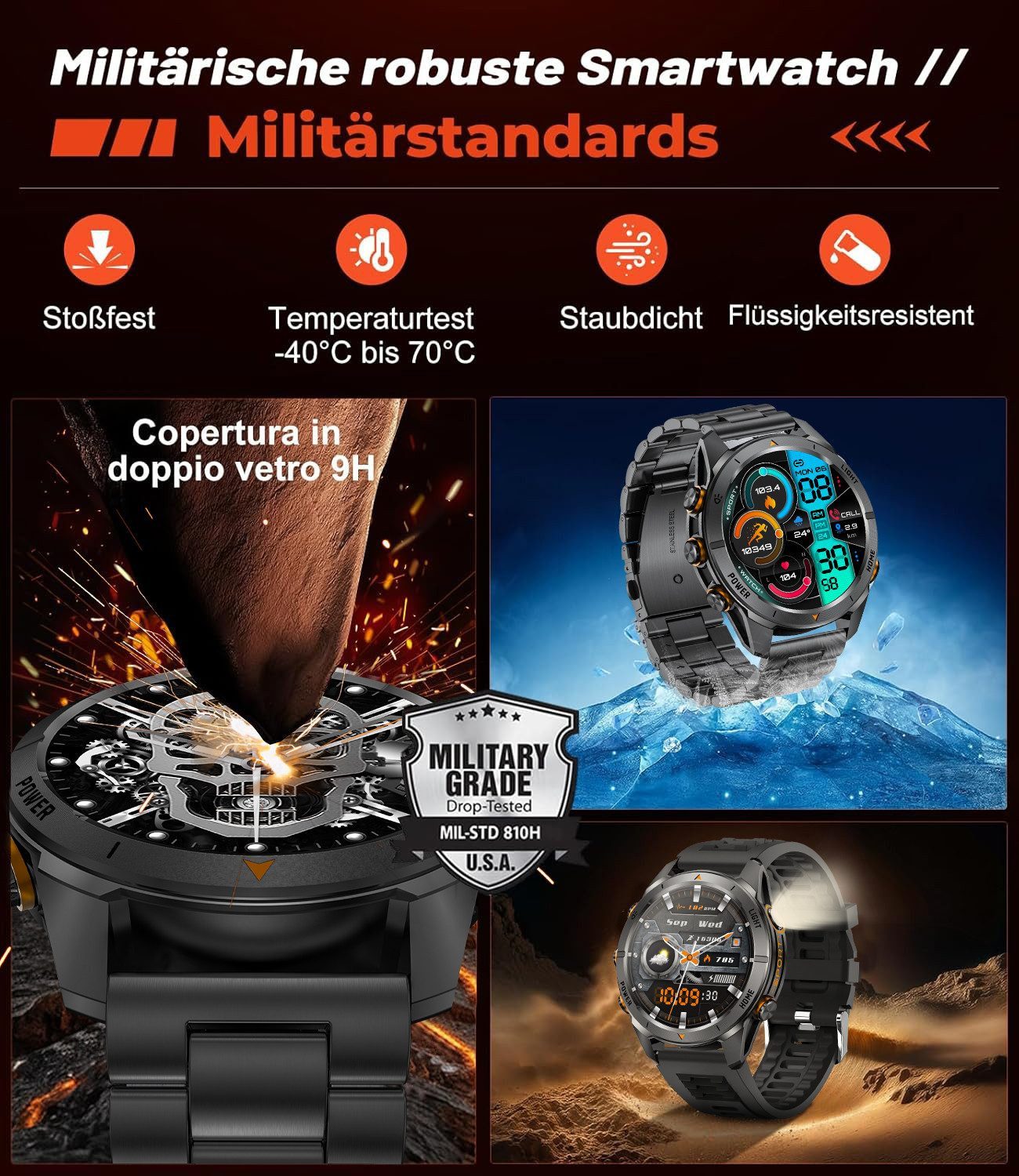 SWGOTA Smartwatch Herren Militär mit 800mAh großer Akku 1,46" AMOLED-Display Smartwatch, Fitnesstracker mit 100+ Sportmodi/Herzfrequenz/Blutdruck/SpO2, Fitnessuhr Herren für Android iOS mit Schlafüberwachung