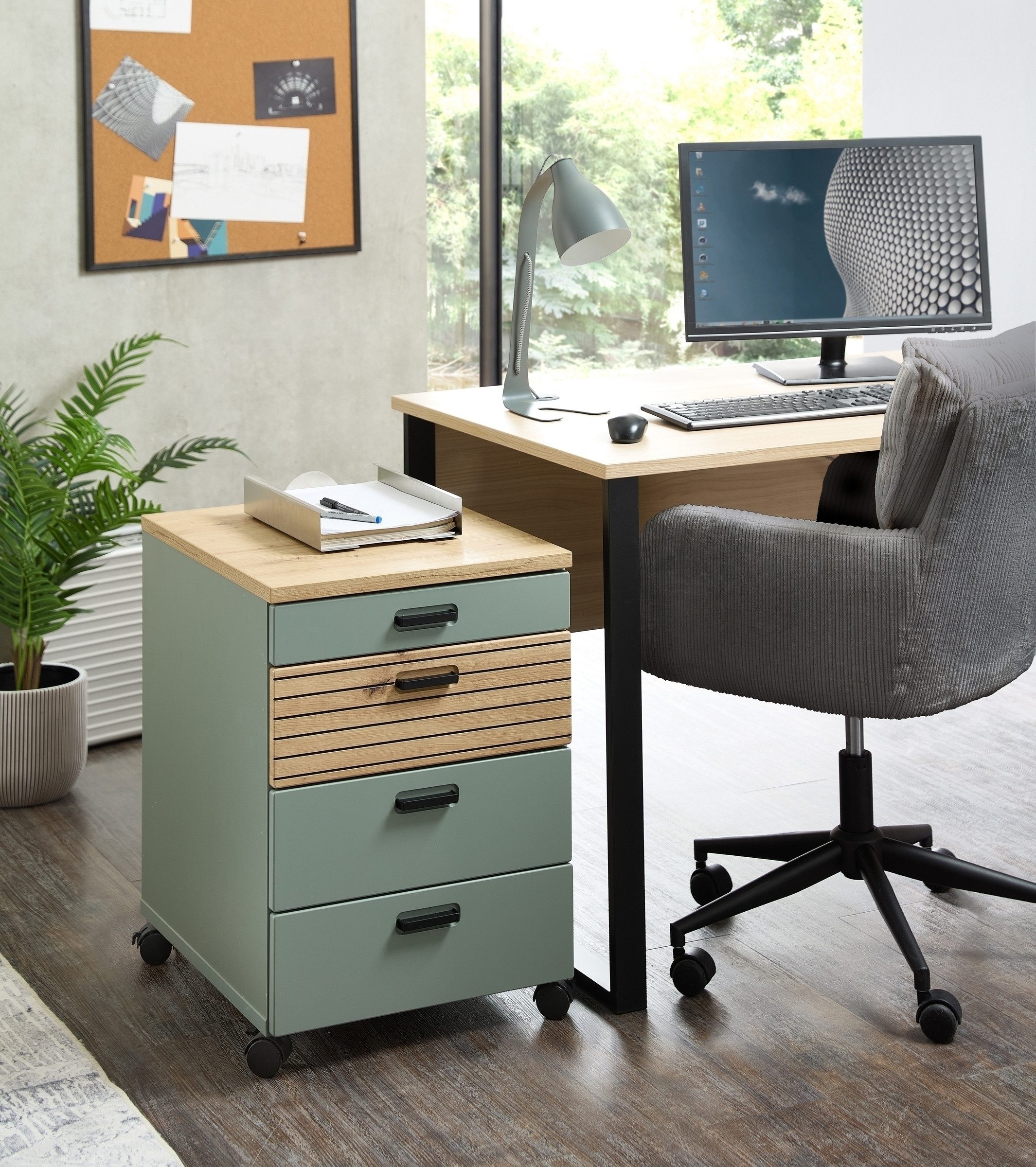 freiraum Rollcontainer Glenn, in Schilfgrün / Artisan Eiche Dekor - 45x66x55 (BxHxT)