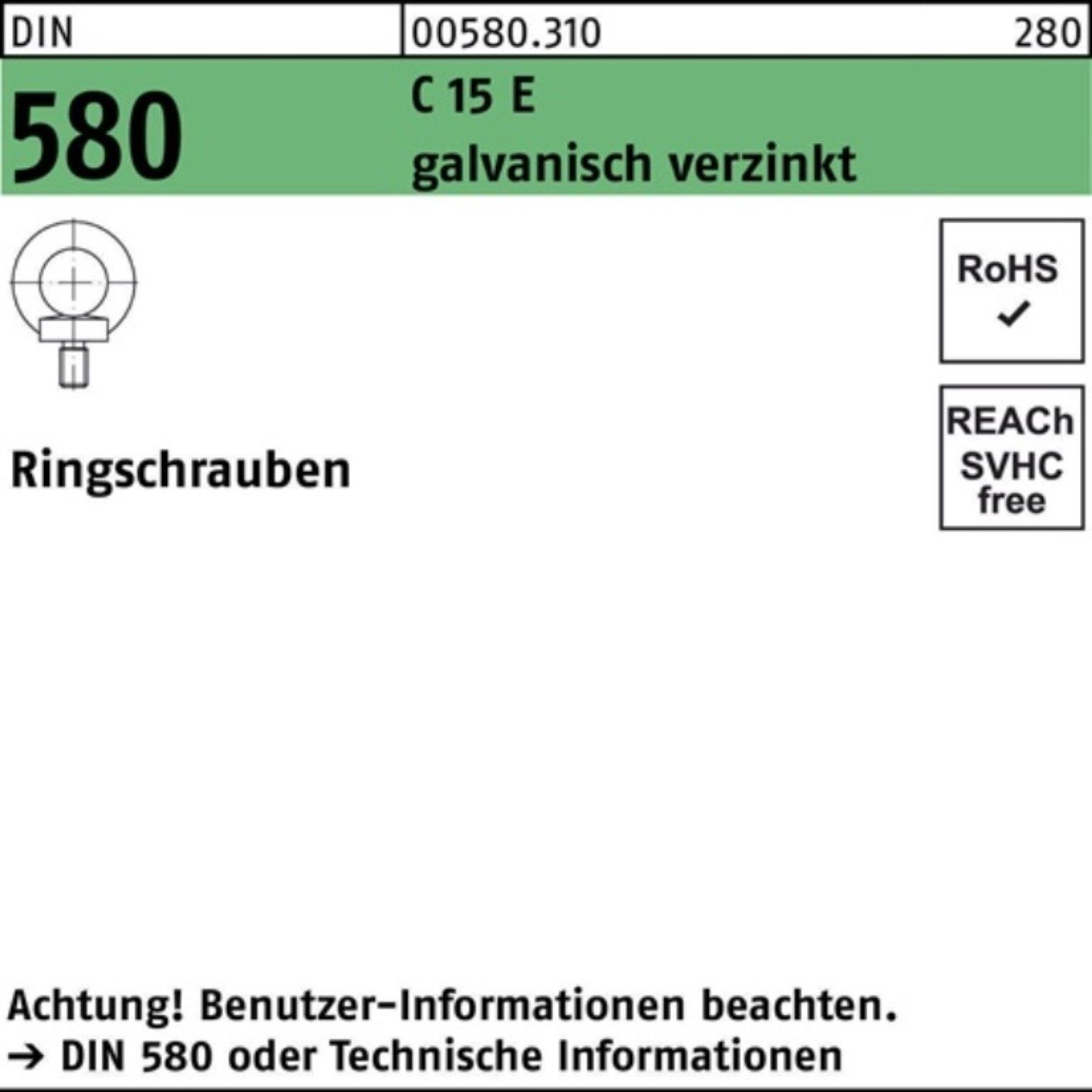 Reyher Schraube 100er Pack Ringschraube DIN 580 M18 C 15 E galv.verz. 1 Stück DIN 580