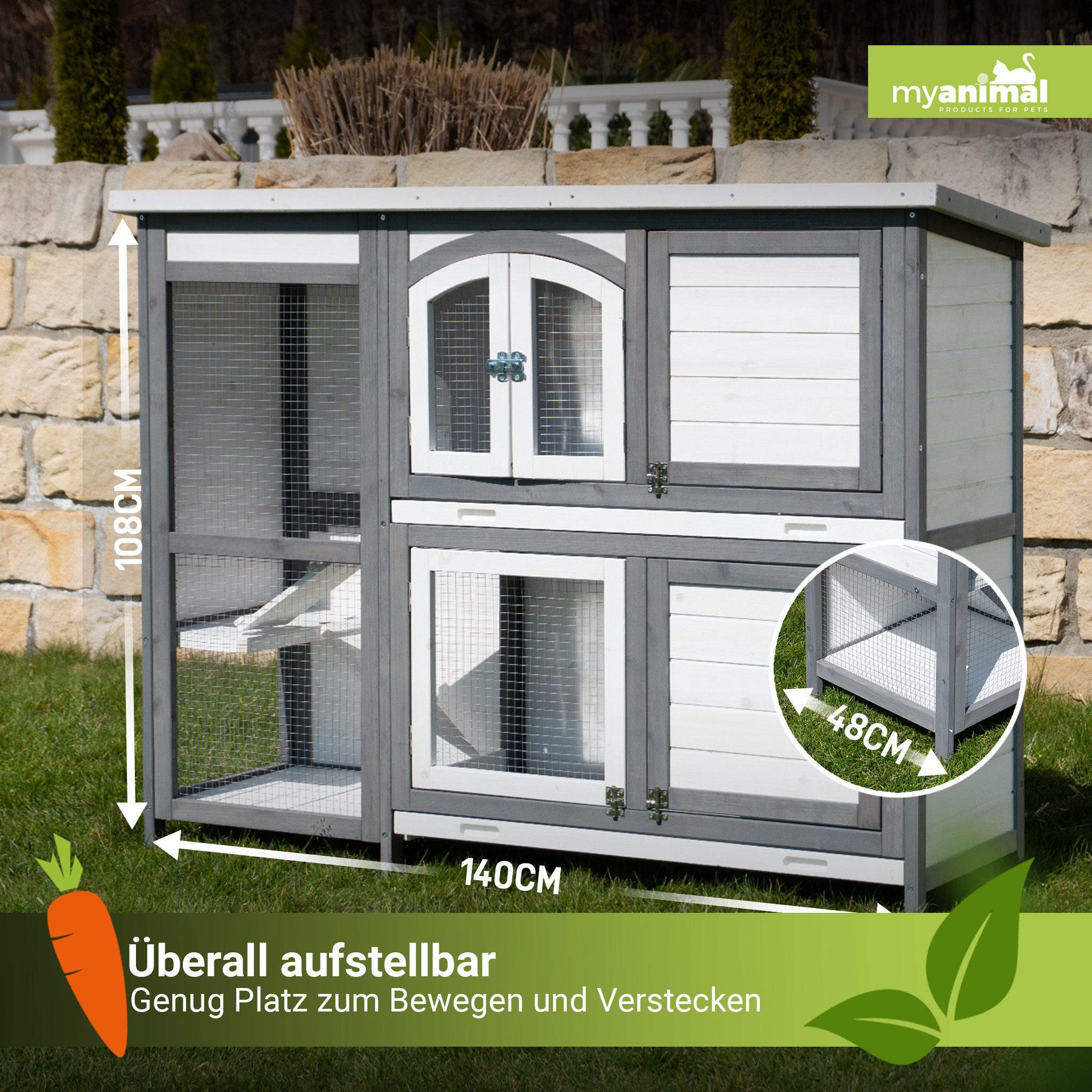 My Animal Kleintierstall XXL Hasenstall MH-02, 2 Etagen, Wetterbeständig, Doppelstockhaus - 4 Türen - aufklappbares Dach - Kaninchenstall Käfig