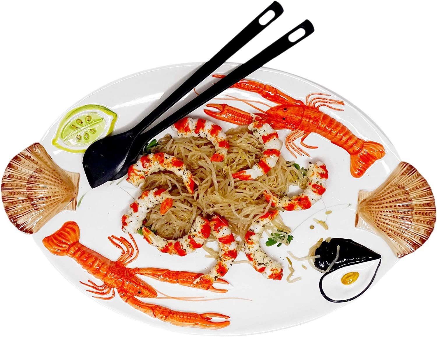 Lashuma Servierplatte Meeresfrüchte, Keramik, (1-tlg., 50 x 32 cm), Handgemachter Fischteller oval mit Relief Dekor