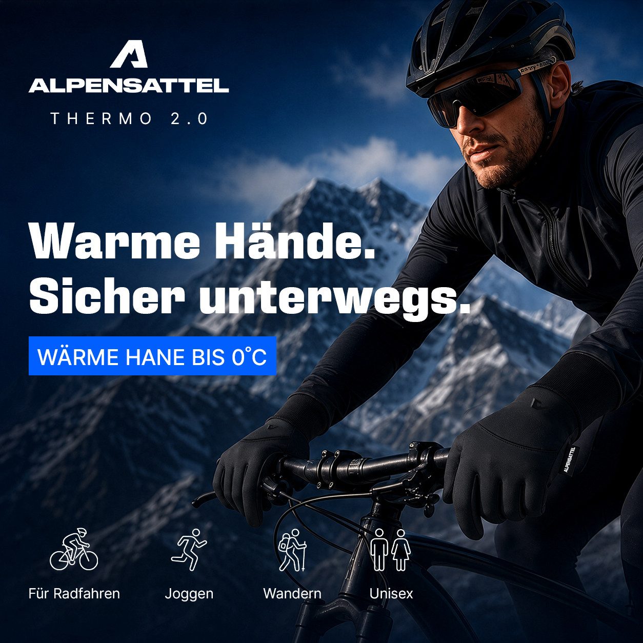 Alpensattel Fahrradhandschuhe Premium Thermo Fahrrad Handschuhe 2.0 (Handschuhset, 1-St., Thermo-Radhandschuhe mit Touchfunktion & Silikongrip) Touchscreenfähig · Winddicht · Silikon-Grip · Warm gefüttert