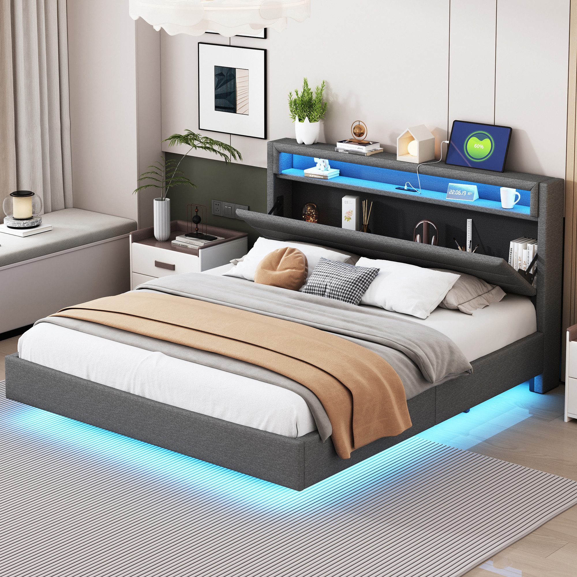 WISHDOR Polsterbett Hausbett mit USB-Steckdose und LED-Licht, wendbares Kopfteil (verdecktes Fußteil, Jugendbett, Erwachsenenbett, Leinenstoff), 160x200 cm