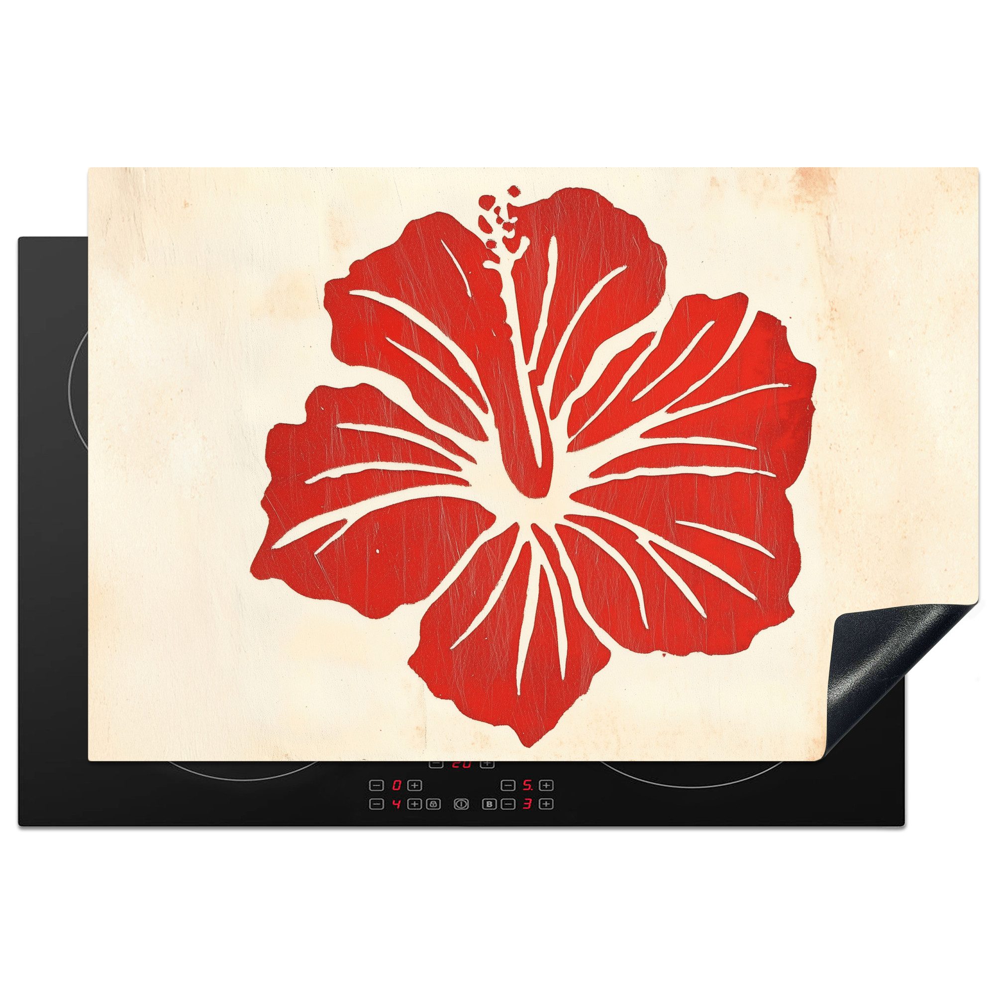 MuchoWow Herd-Abdeckplatte Rote Hibiskusblüte - Texturierter Hintergrund - Beige, Vinyl, (1 tlg), Induktionsabdeckung Vinyl, Küchenzubehör, 77x51 cm